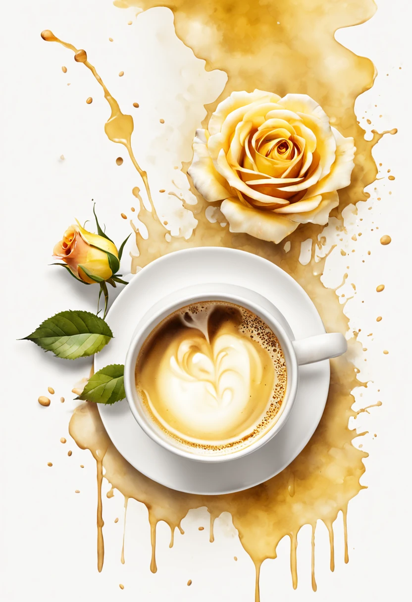 isolated on white background( Coffee slightly smoking in a white ceramic cup with a bouquet of bright pink roses lying flat from above watercolor flower painting)watercolor flower painting、watercolor painting、Splash technology recreates the mud atmosphere in wet environments、unique ingredients、Abstract representation、Contains surreal elements、light tone.Light and gold color scheme、High resolution details、Ink splash effect、pale color。