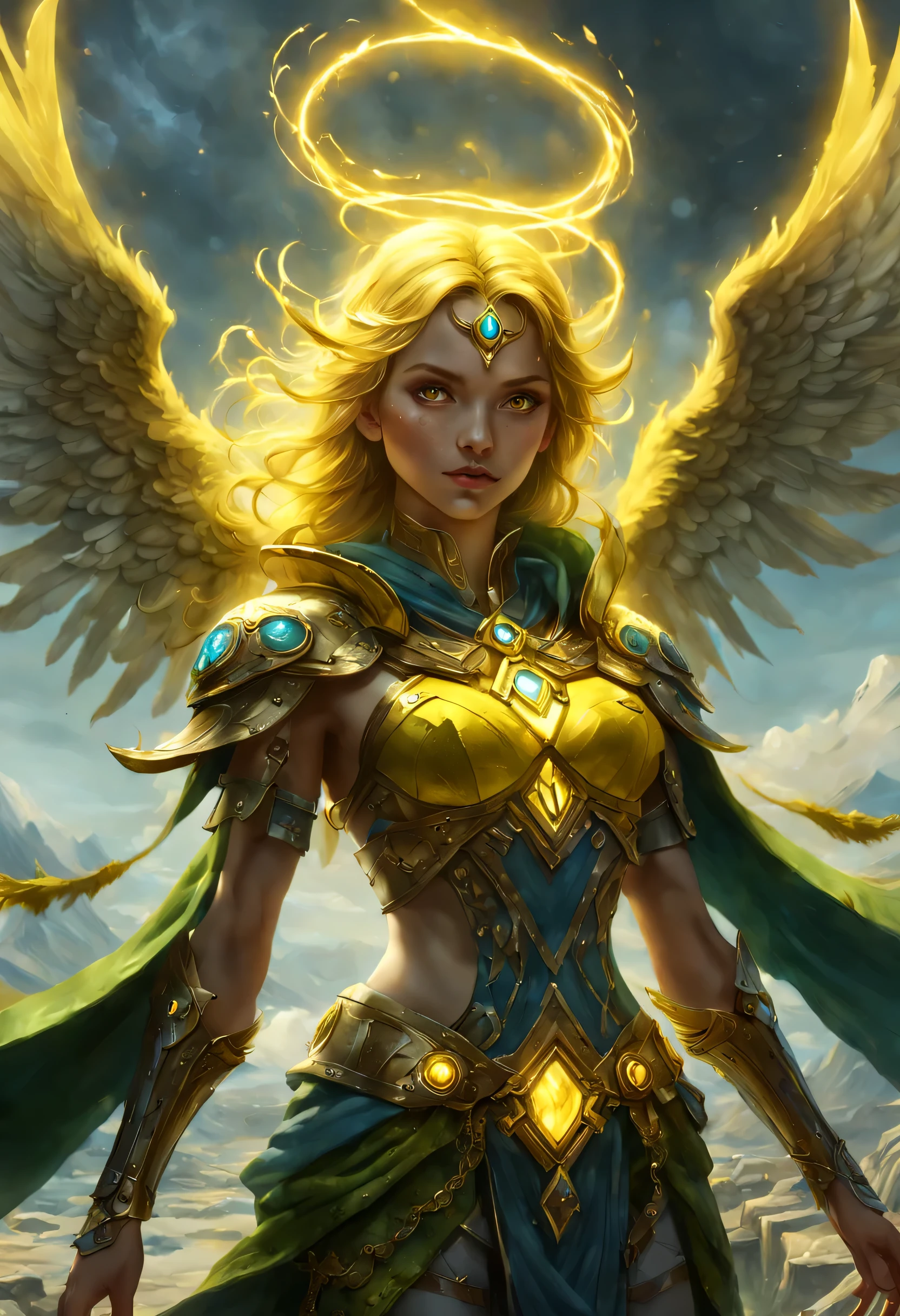 8k, ultra detailed, masterpiece, best quality, (extremely detailed), arafed, dnd art, panoramic view, full body, 1soloaasimar cleric casting a flaming spell,  aasimar, female, (Masterpiece 1.3, intense details), female, cleric, holy warrior, casting radiant spell, divine spell (Masterpiece 1.3, intense details) large angelic wings, azure angelic wings spread (Masterpiece 1.3, intense details), fantasy divinel background (Masterpiece 1.5, intense details), sun, clouds, wearing white armor  (Masterpiece 1.5, intense details), blue cloak, flowing robe (Masterpiece 1.3, intense details), high heeled boots (Masterpiece 1.3, intense details), armed with mace GlowingRunesAI_yellow, metalic hair, green eyes, intense eyes, feminine, ultra detailed face, (Masterpiece 1.5, best quality), anatomically correct (Masterpiece 1.3, intense details), determined face, divine light, cinematic lighting, soft light, silhouette, photorealism, panoramic view (Masterpiece 1.3, intense details) , Wide-Angle, Ultra-Wide Angle, 8k, highres, best quality, high details