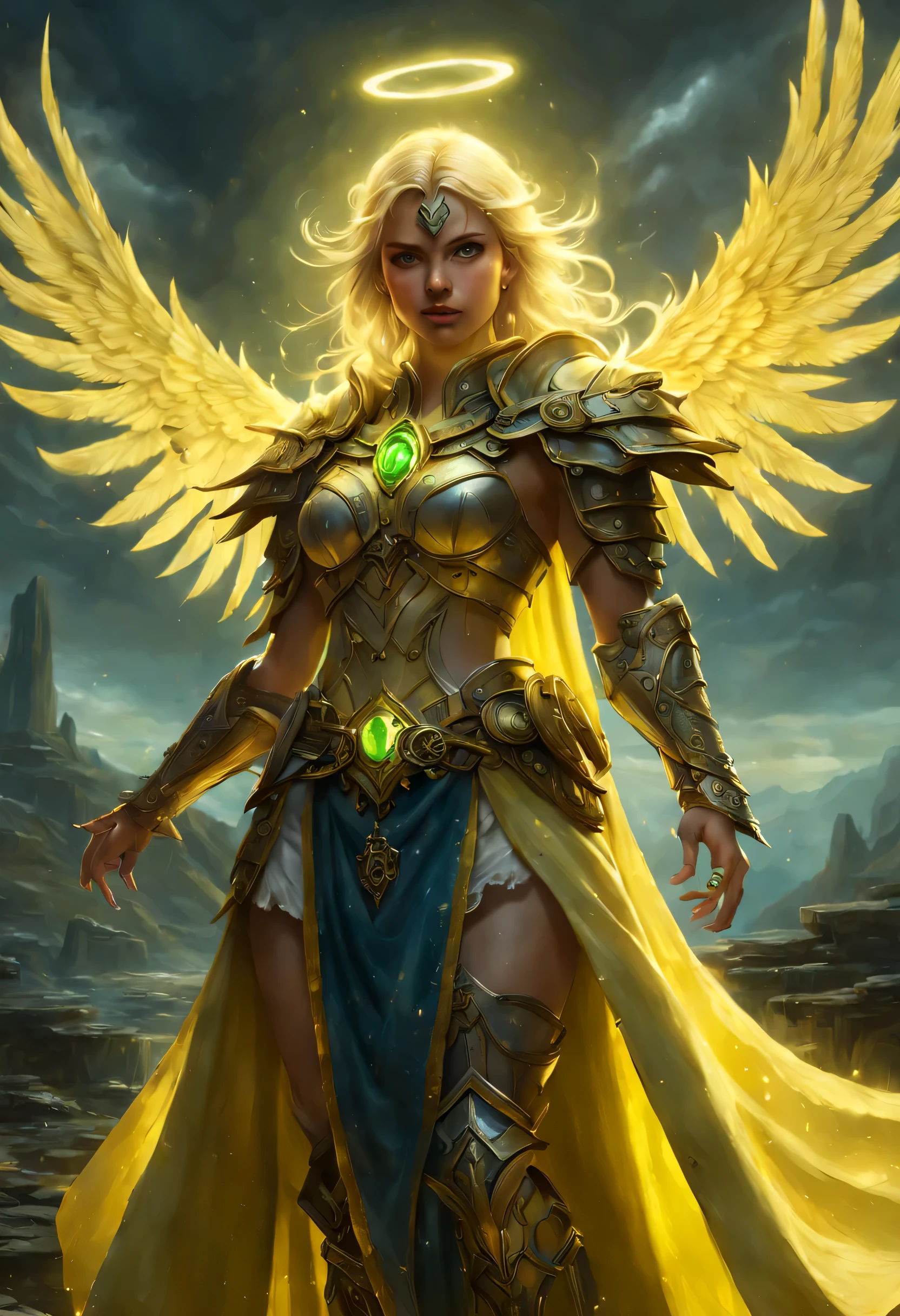 8k, ultra detailed, masterpiece, best quality, (extremely detailed), arafed, dnd art, panoramic view, full body, 1soloaasimar cleric casting a flaming spell, aasimar, female, (Masterpiece 1.3, intense details), female, cleric, holy warrior, casting radiant spell, divine spell (Masterpiece 1.3, intense details) large angelic wings, azure angelic wings spread (Masterpiece 1.3, intense details), fantasy divinel background (Masterpiece 1.5, intense details), sun, clouds, wearing white armor (Masterpiece 1.5, intense details), blue cloak, flowing robe (Masterpiece 1.3, intense details), high heeled boots (Masterpiece 1.3, intense details), armed with mace GlowingRunesAI_yellow, metalic hair, green eyes, intense eyes, feminine, ultra detailed face, (Masterpiece 1.5, best quality), anatomically correct (Masterpiece 1.3, intense details), determined face, divine light, cinematic lighting, soft light, silhouette, photorealism, panoramic view (Masterpiece 1.3, intense details) , Wide-Angle, Ultra-Wide Angle, 8k, highres, best quality, high details