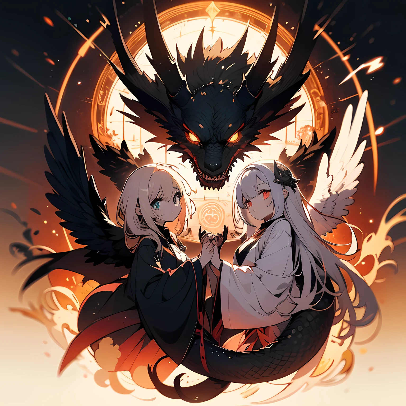 Looks holy monster angel，His eyes were waiting for heterochromia，His entire body consists of a giant one-eyed eye，There is a metal ring around one eye，Eyeballs are covered with rings，The dragon on the white holy angel has many wings