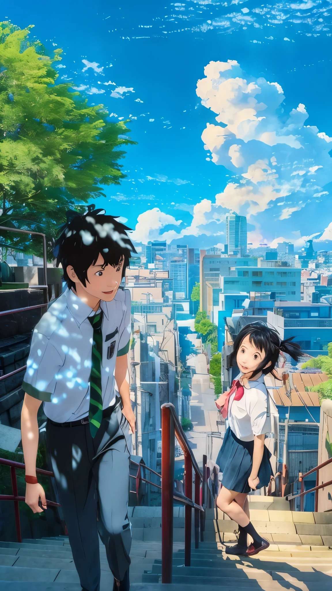 a couple of people walking down a flight of stairs in a city, your name, your name movie style, kimi no na wa, studio glibly makoto shinkai, official art, makoto shinkai movie, makoto shinkai. —h 2160, ross tran and makoto shinkai, movie promotional image, official anime artwork
