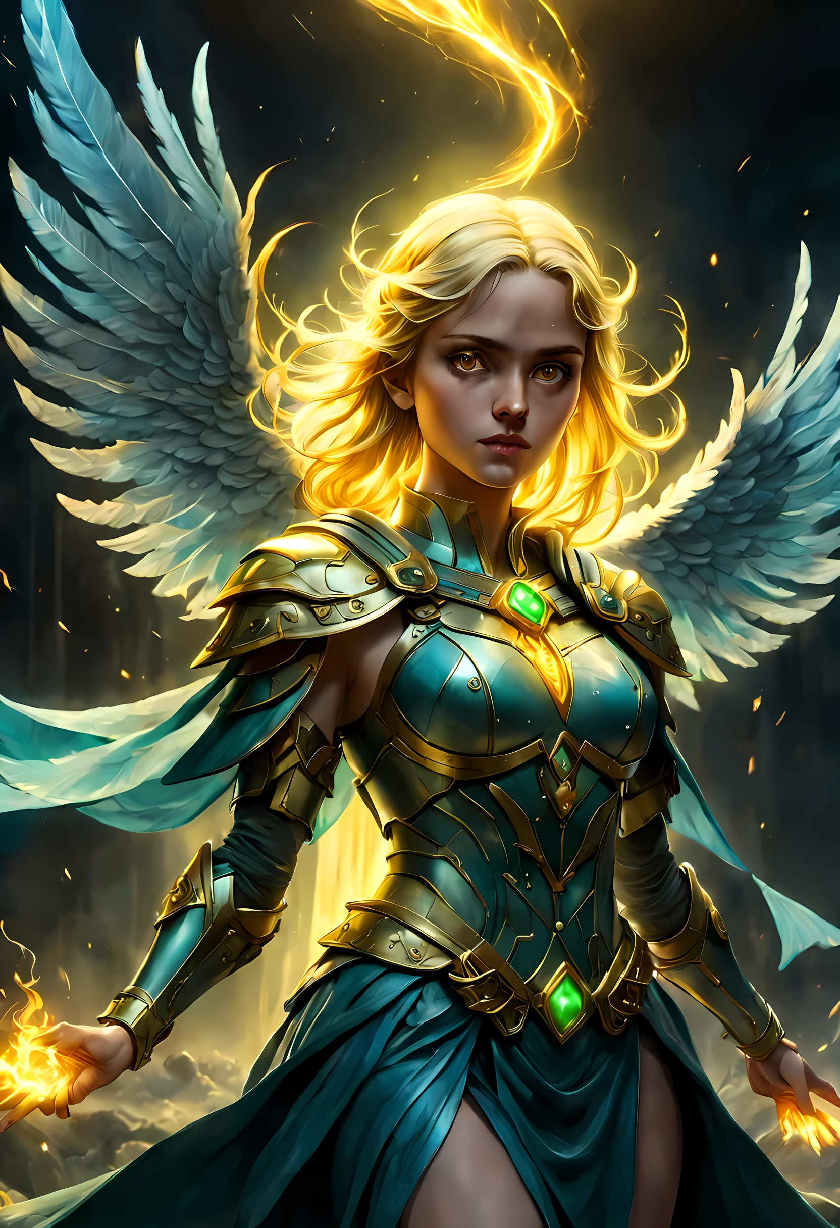 8k, ultra detailed, masterpiece, best quality, (extremely detailed), arafed, dnd art, panoramic view, full body, 1soloaasimar cleric casting a flaming spell, aasimar, female, (Masterpiece 1.3, intense details), female, cleric, holy warrior, casting radiant spell, divine spell (Masterpiece 1.3, intense details) large angelic wings, azure angelic wings spread (Masterpiece 1.3, intense details), fantasy divinel background (Masterpiece 1.5, intense details), sun, clouds, wearing white armor (Masterpiece 1.5, intense details), blue cloak, flowing robe (Masterpiece 1.3, intense details), high heeled boots (Masterpiece 1.3, intense details), armed with mace GlowingRunesAI_yellow, metalic hair, green eyes, intense eyes, feminine, ultra detailed face, (Masterpiece 1.5, best quality), anatomically correct (Masterpiece 1.3, intense details), determined face, divine light, cinematic lighting, soft light, silhouette, photorealism, panoramic view (Masterpiece 1.3, intense details) , Wide-Angle, Ultra-Wide Angle, 8k, highres, best quality, high details