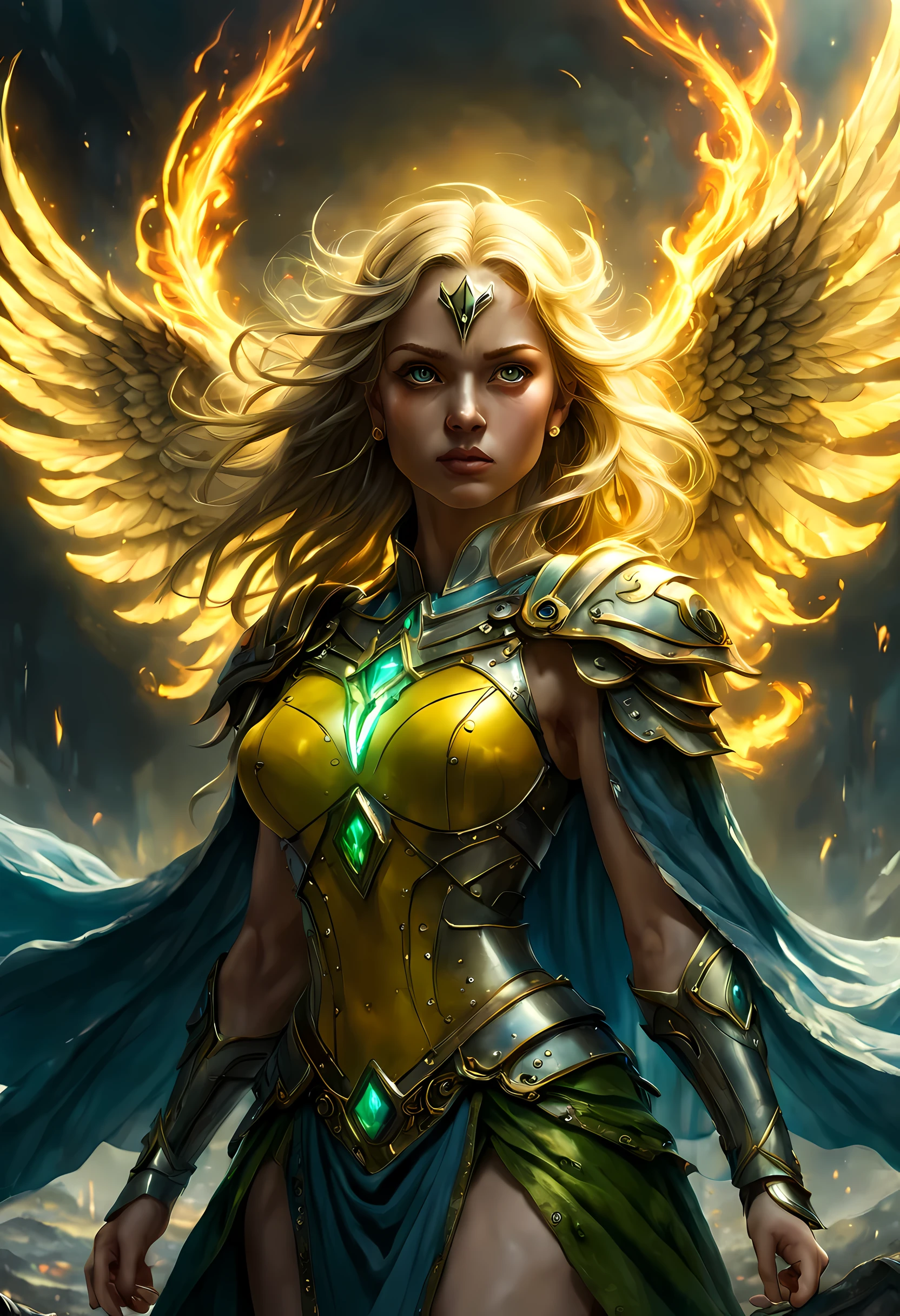 8k, ultra detailed, masterpiece, best quality, (extremely detailed), arafed, dnd art, panoramic view, full body, 1soloaasimar cleric casting a flaming spell,  aasimar, female, (Masterpiece 1.3, intense details), female, cleric, holy warrior, casting radiant spell, divine spell (Masterpiece 1.3, intense details) large angelic wings, azure angelic wings spread (Masterpiece 1.3, intense details), fantasy divinel background (Masterpiece 1.5, intense details), sun, clouds, wearing white armor  (Masterpiece 1.5, intense details), blue cloak, flowing robe (Masterpiece 1.3, intense details), high heeled boots (Masterpiece 1.3, intense details), armed with mace GlowingRunesAI_yellow, metalic hair, green eyes, intense eyes, feminine, ultra detailed face, (Masterpiece 1.5, best quality), anatomically correct (Masterpiece 1.3, intense details), determined face, divine light, cinematic lighting, soft light, silhouette, photorealism, panoramic view (Masterpiece 1.3, intense details) , Wide-Angle, Ultra-Wide Angle, 8k, highres, best quality, high details
