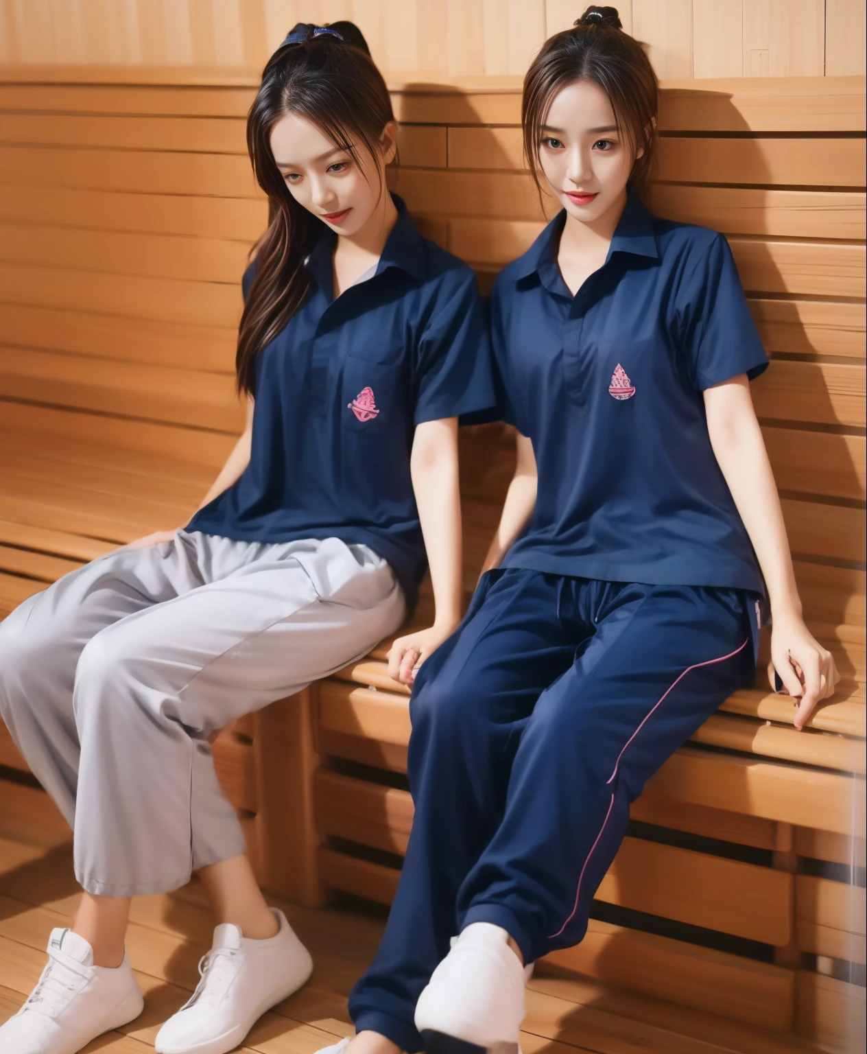 2 girls in sauna, Navy blue short-sleeved shirt,Navy Long Trackpant,Sweatpants, Sweatpantsขายาว,25 year old girl, lesbian, sexy, exercise clothes, wet body