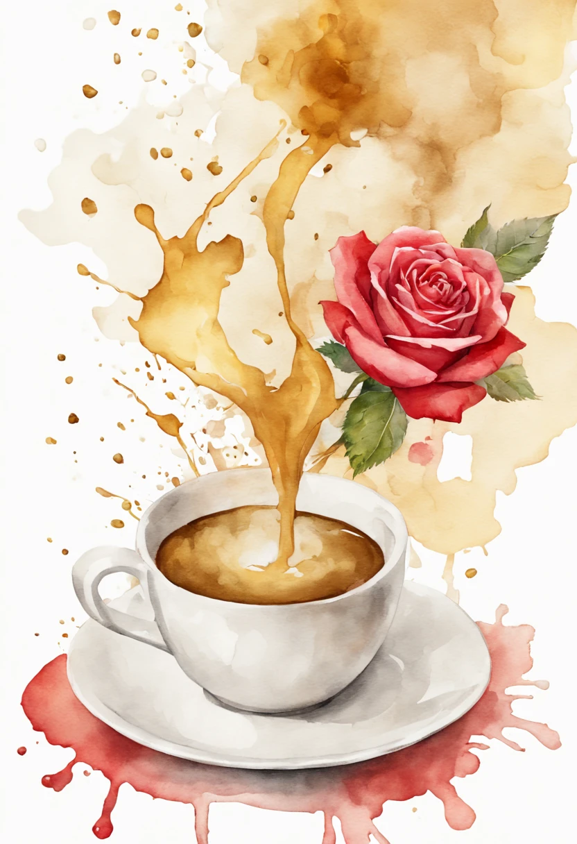isolated on white background( Coffee slightly smoking in a white ceramic cup with a bouquet of bright 紅 roses lying flat from above watercolor花卉画)watercolor花卉画、watercolor、Splash technology recreates the splashing atmosphere of wet environments、unique ingredients、Abstract representation、Contains surreal elements、light tone.Light gold color scheme、High resolution details、Ink splash effect、pale color。