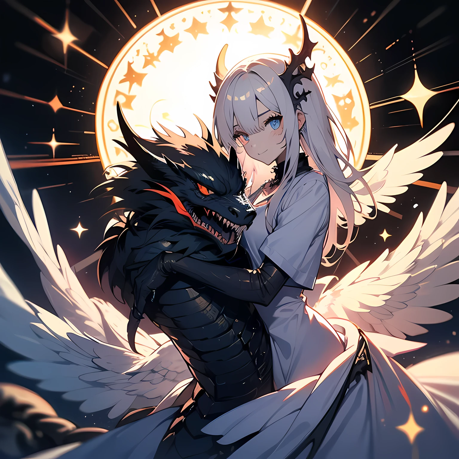 Looks holy monster angel，His eyes were waiting for heterochromia，His entire body consists of a giant one-eyed eye，There is a metal ring around one eye，Eyeballs are covered with rings，The dragon on the white holy angel has many wings