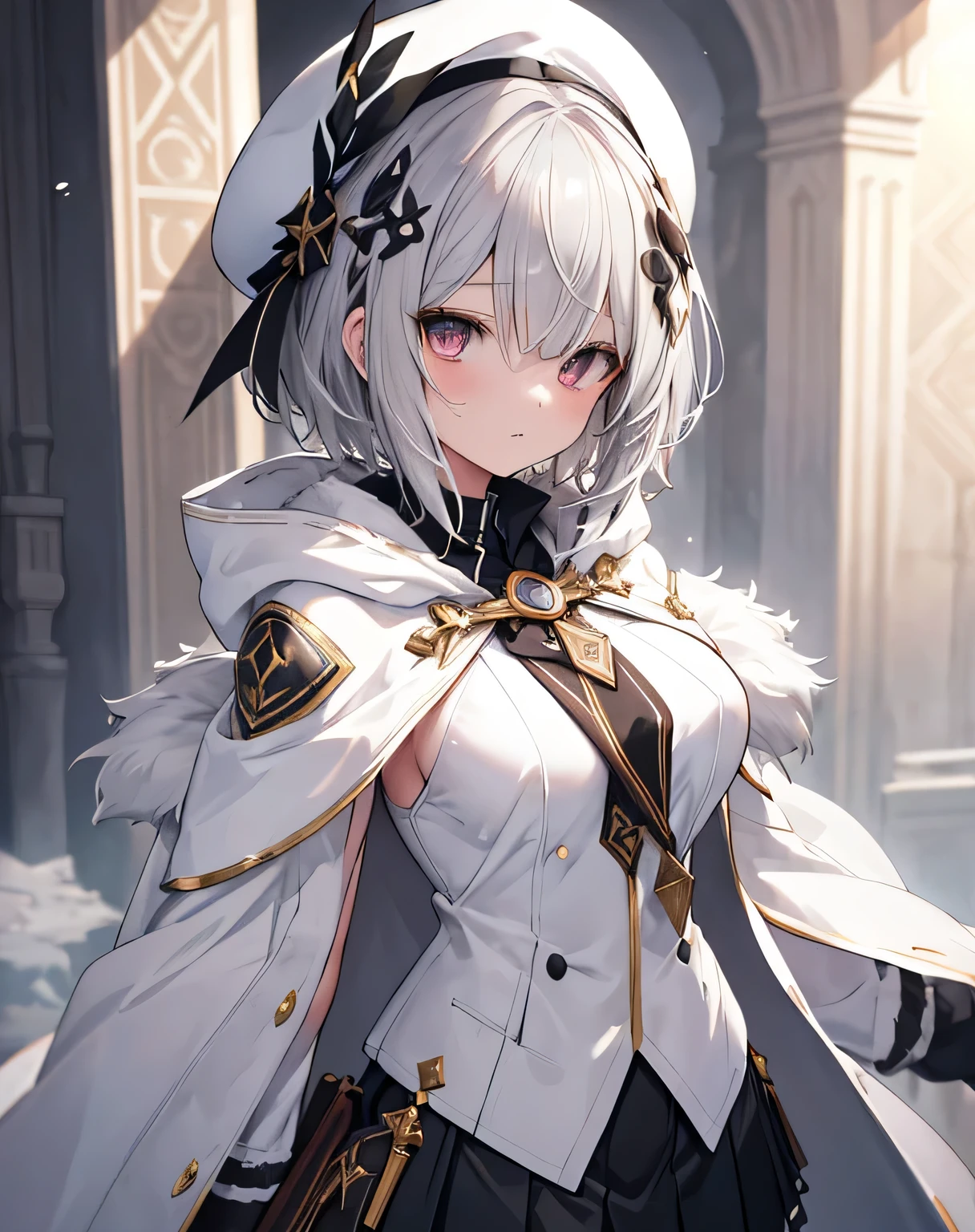 masterpiece,1girl, sparrow, a silver haired girl, wearing a priestess uniform, short hair, messy hair, black skirt, short white furry capelet with furry hoody, slim body, she have a schyte, medium breasts, she close her left eye, shirt ornament, lolippai, white beret, innocent face, beautiful breasts, rounded breasts, crimson eyes, pleated skirt, curious face