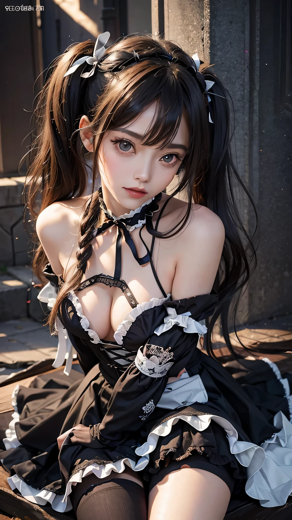 (Close-up:1.4)、(RAW shooting:1.2)、(photorealistic:1.4)、(masterpiece:1.3)、(highest quality:1.4)、solo、7 head and body、(slender and beautiful girl)、cute、(Medium chest:1.2)、(cleavage)、(erect nipples:1.2)、(full body shot)、8K、(muste piece:1.2)、(ribbon、flare skirt、knee high socks:1.3)、view audience、blush、ribbonボンデージ、(beautiful hands)、(beautiful thighs)、(twin tails:1.2)、(gothic lolita:1.3)、(sexy pose:1.2)、obscene、erotic、cute系、ancient city、(perfect anatomy:1.2)、