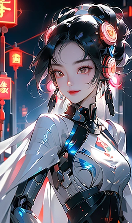 1 girl, Chinese_clothing, metallic black titanium and pink, cyberhan, cheongsam, cyberpunk city, dynamic poses, Detailed luminous headphones, Luminous hair accessories, long hair, Luminous earrings, glow necklace, cyberpunk, Hi-Tech City, full of mechanical and futuristic elements, futuristic, technology, glowing neon lights, pink, pink light, sexy skirt, translucent black cape, laser light, Digital background city sky, big moon, There is a vehicle, best quality, masterpiece, 8k, Character edge light, Ultra high detail, high quality, The most beautiful woman in mankind, Smile, Face forward and symmetrical, earring, Long antenna glows, beautiful student, Lighting effects, visual data, Silver red orange hair dye, ultra detailed facial texture, happy, Weapons systems, Crowded pedestrians on the street, Silver mecha style, Head-mounted light-emitting antenna, syringes，Long white hair，D cup