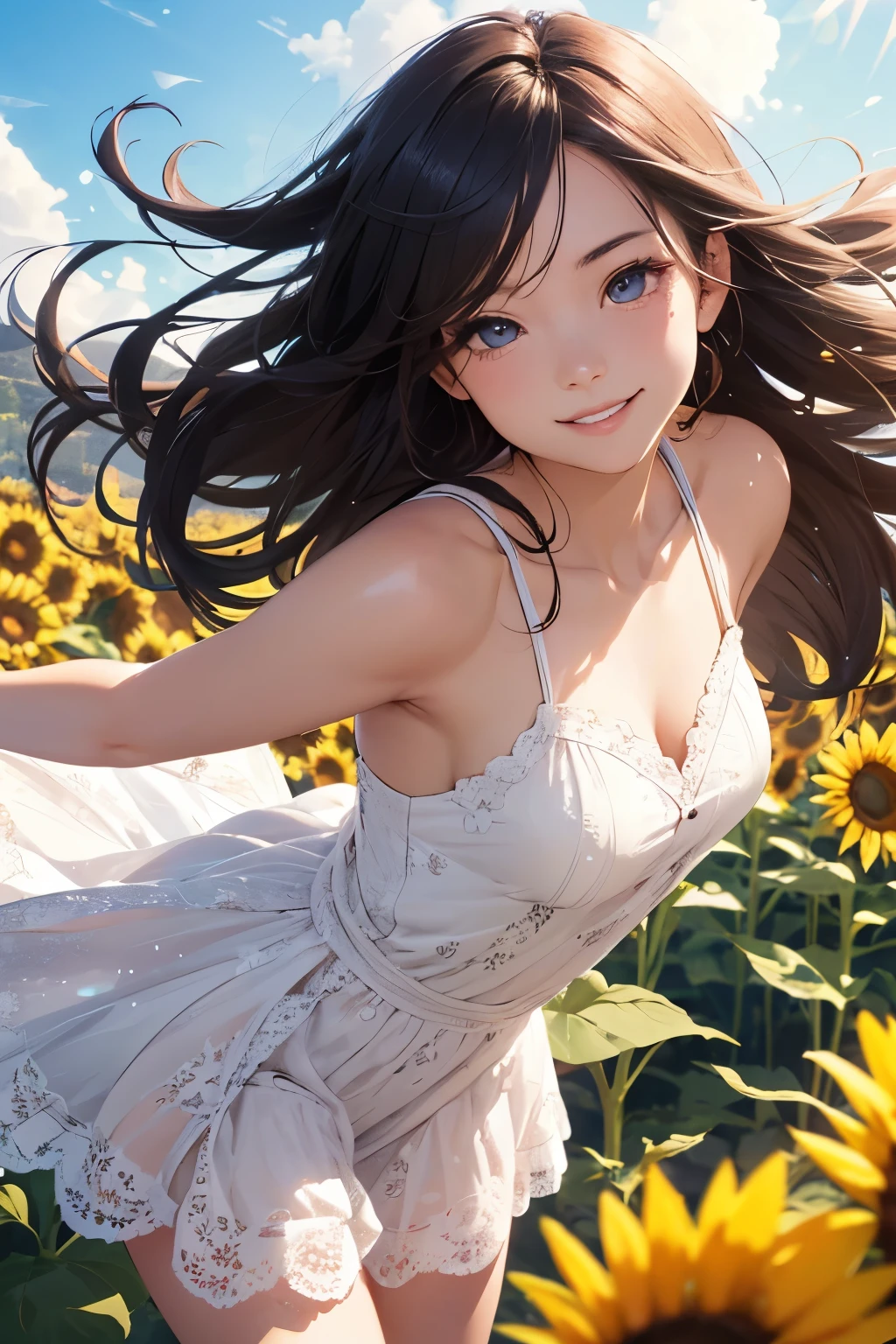 very cute and beautiful girl,frilled white sun dress with detailed lace,(highly detailed beautiful face and eyes:1.2),
standing in middle of sunflower field,beautiful summer sky,
mid shot,(smile),black hair,dynamic pose,detailed legs,
(best quality,masterpiece:1.2),absurdres,highres,ultra-detailed,extremely detailed,32k,8k resolution,
intricate details,cinematic scene,detailed background,solo,dynamic angle,
solo,hair fluttering in the wind,