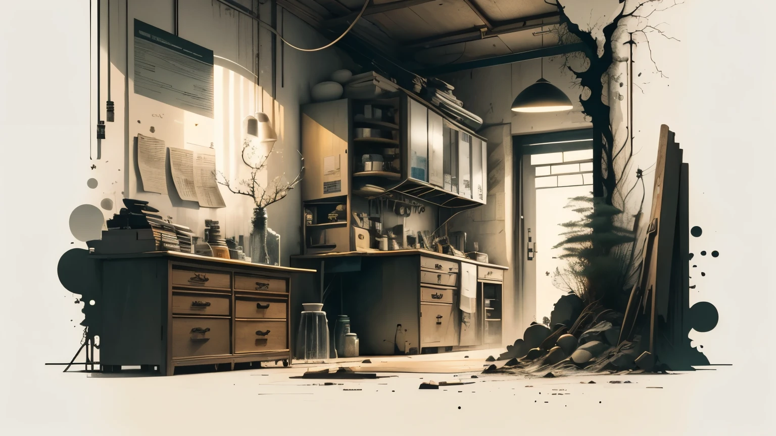 illustration of scientist laboratory, interior, cluttered, detailed interior, chemical equations, snow, inky, abstract, oriental aesthetic, Absurd, high resolution, ultra-detailed, (1 girl:1.3),