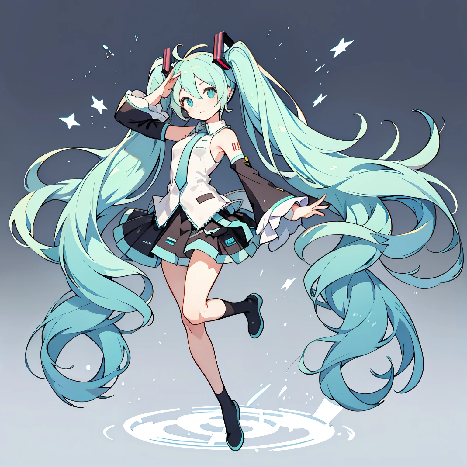 hatsune miku,twin tail,right hand on head,left leg lift,full body,simple background