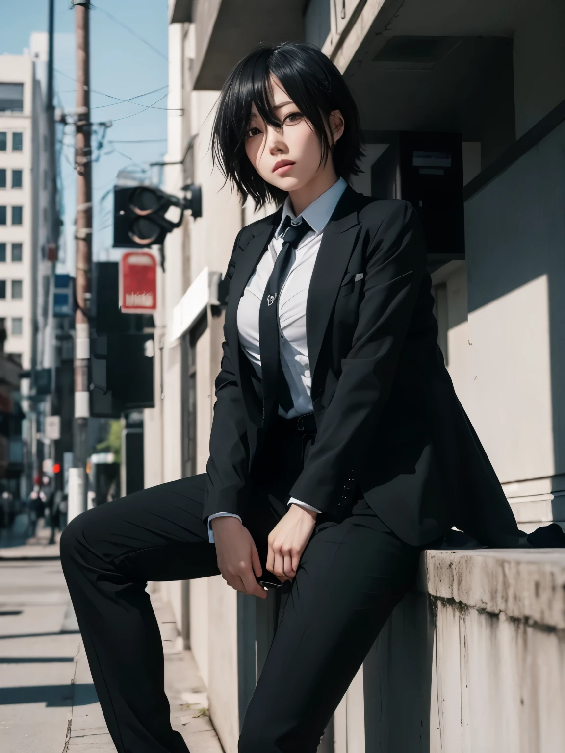 1girl, himeno chainsaw man, eyepatch, breasts, necktie, collared shirt, black jacket, black pants, sitting, realistic, ultra detail, 70mm lens