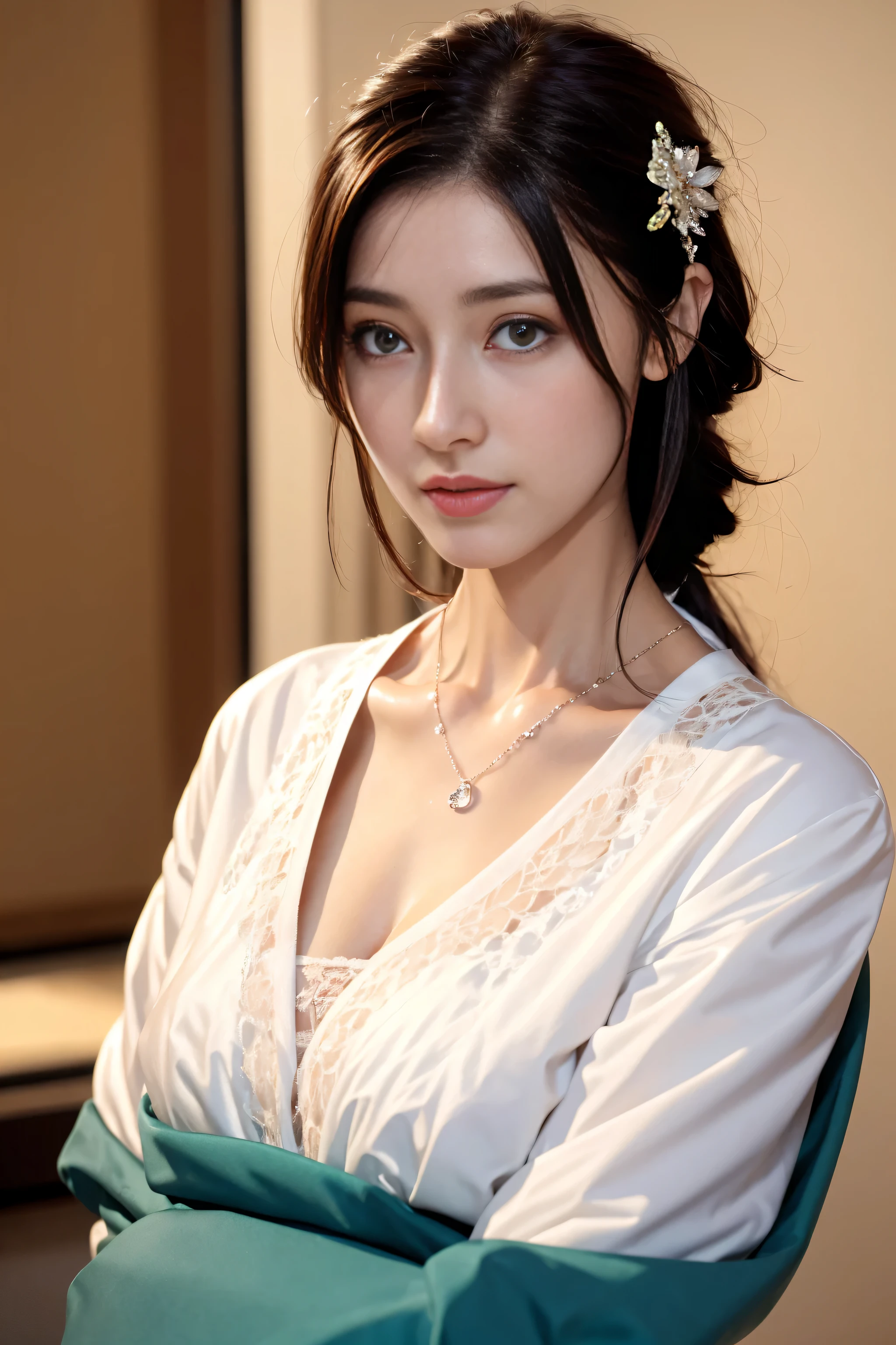 high quality, on the table, high resolution, 1 girl in, blush, (Seductive smile: 0.8), starpupil, Chinese Hanfu, hair accessories, necklace, jewelry, beauty, Sui_Body, Tyndall effect, actual, Shadow Room, light edge, Two-tone lighting, (High detail skin: 1.2), 8k ultra high definition, Slr, soft light, high quality, Volumetric lighting, photo, high resolution, 4K, 8k, background blur, real person