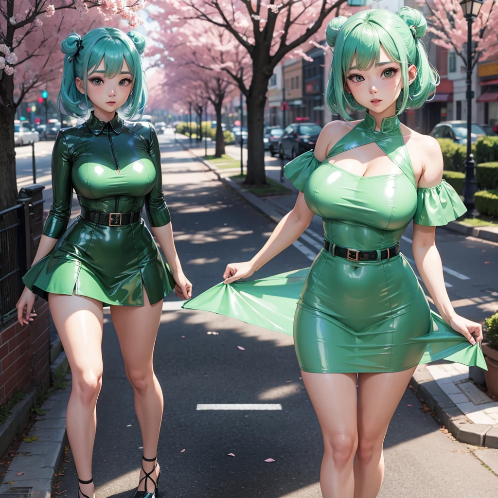A shy girl, hair green, blue colored eyes, gold colored jumpsuit clothes, high heels.