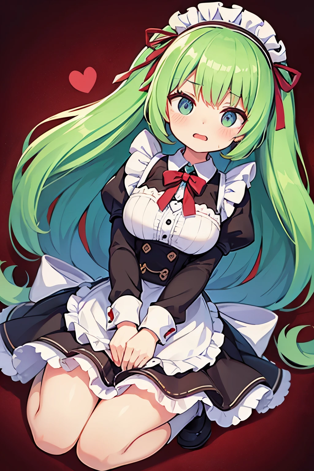 8K quality,green hair,purple eyed girl,cute ,long hair,Heartwarming,mini skirt,lolita,laughter,Thumbnail styles，Maid clothes，fluffy，looking down from above,Full body Esbian,heart background,embarrassed look