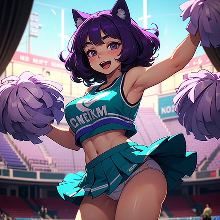 (((female Wolf ))),anthro dog girl,(anthro furry:1.3, snout:1.2, anthro:1.3, furry:1.2),body fur,solo, fluffly, furry, (average breasts), (curvy), cheerleader,HD,sharp,beautiful and detailed,woman ((anthro)),((((subdued Lavender color skin)))), ((long purple hair)),(((ojou curls))),leg up,(white sleeveless cheerleading shirt:1.4),(White panties visible through the skirt),(teal cheerleading miniskirt:1.2), accurate tail, slight blush,milf,mature, cool evil smile with open mouth,soccer stadium background, masterpiece, (by dr comet),by kingbang,by sparrow