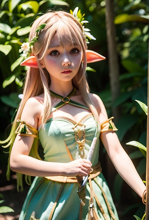 High resolution、High level image quality、8K、real live action、Raw photo、highest quality、masterpiece、 elf girl、Elven Female Warrior、unparalleled beauty、Wearing a tiara on your head、young face、(((beautiful girl)))、Hold a bow and arrow、long pointed ears、in the forest