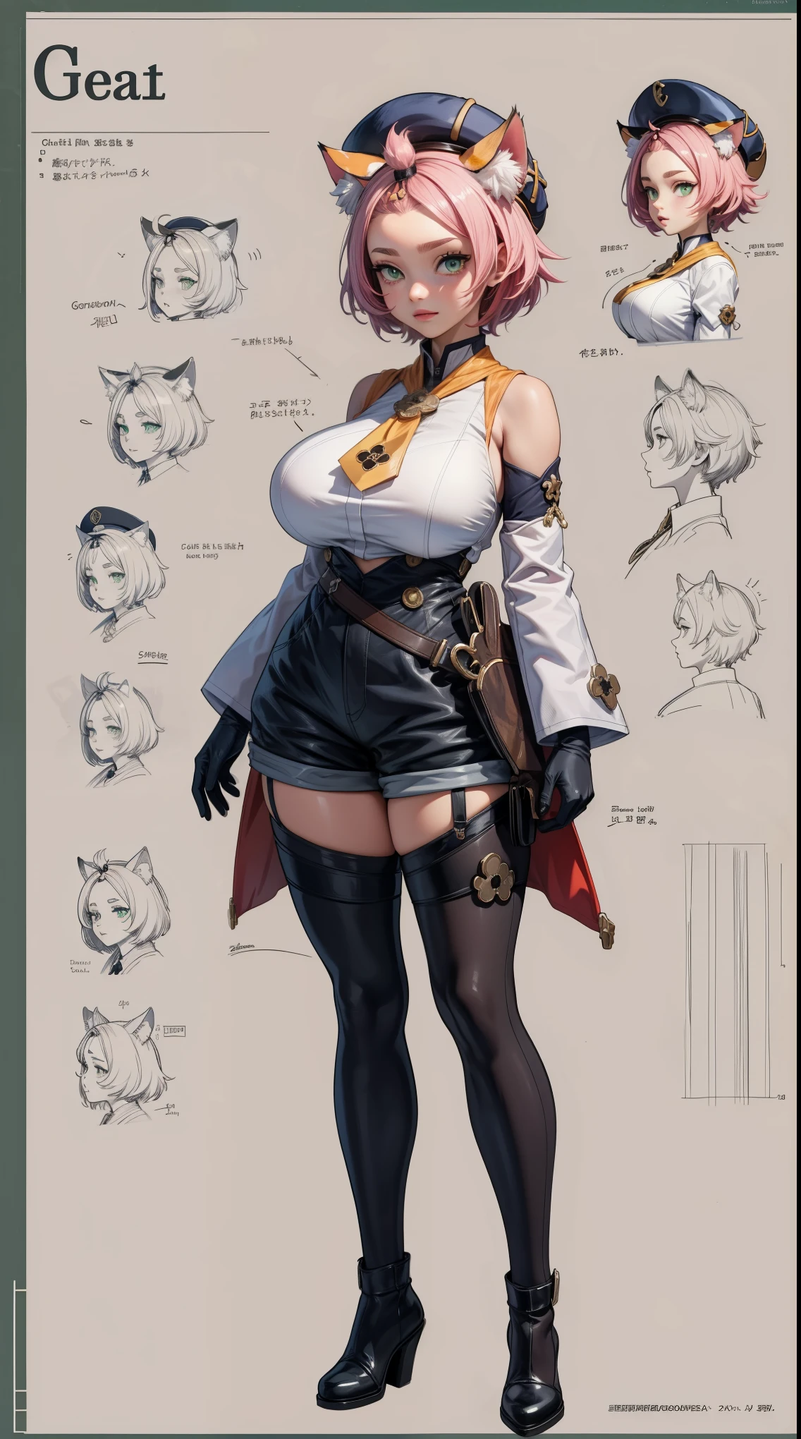 girl, solo, full body, from head to toe, standing, (Huge_Breasts:1.3),

Character Design Sheet, , character reference sheet, character turn around,

dionadef, dionarnd, this character is standing in uniform,

an image of the girl is dressed in a western style costume costume, diona (genshin impact), 1girl, animal ears, solo, cat ears, pink hair, hat, animal ear fluff, bangs pinned back, shorts, paw print, gloves, white gloves, green eyes, cat girl, detached sleeves, black shorts, standing, short hair,