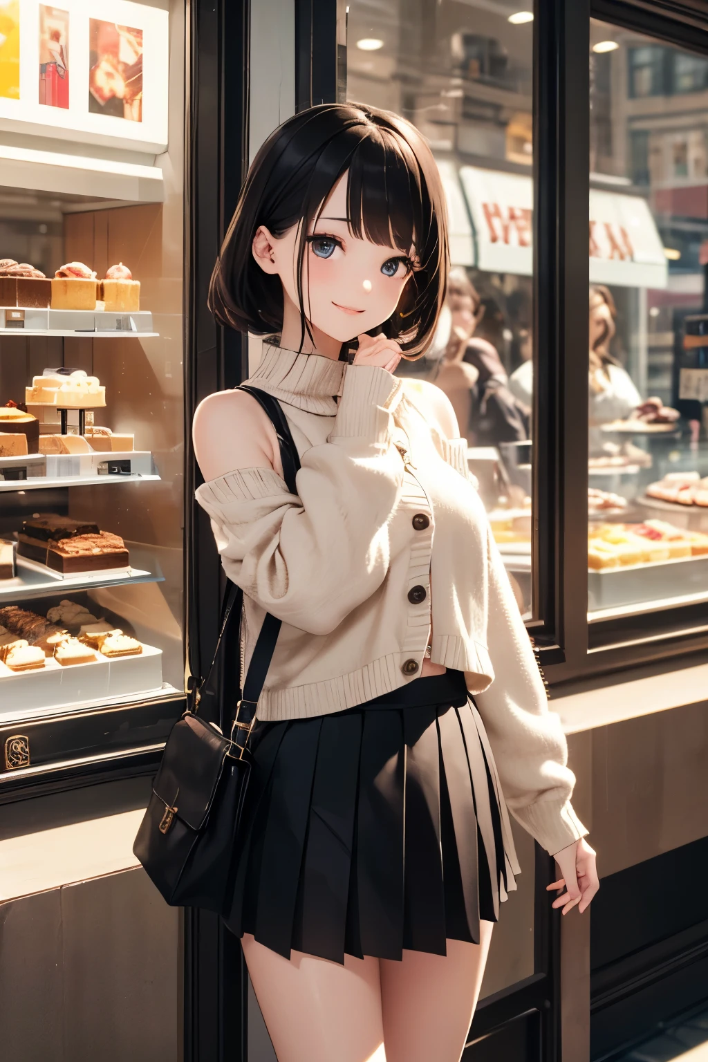 very cute and beautiful girl,teen,(highly detailed beautiful face and eyes:1.2),(white blouse),
(smile),cowboy shot,looking at viewer,
(beige cardigan:1.2) BREAK zettai ryouiki,brown shoulder bag,(brown boots),
dynamic pose,hair ornament,black hair,(pleated black mini skirt:1.2),
standing in front of cake shop show window,downtown street,crowd,people,
(best quality,masterpiece:1.2),absurdres,highres,ultra-detailed,extremely detailed,32k,8k resolution,
intricate details,cinematic scene,detailed background,solo,dynamic angle,
hair fluttering in the wind,beautiful detailed sky,