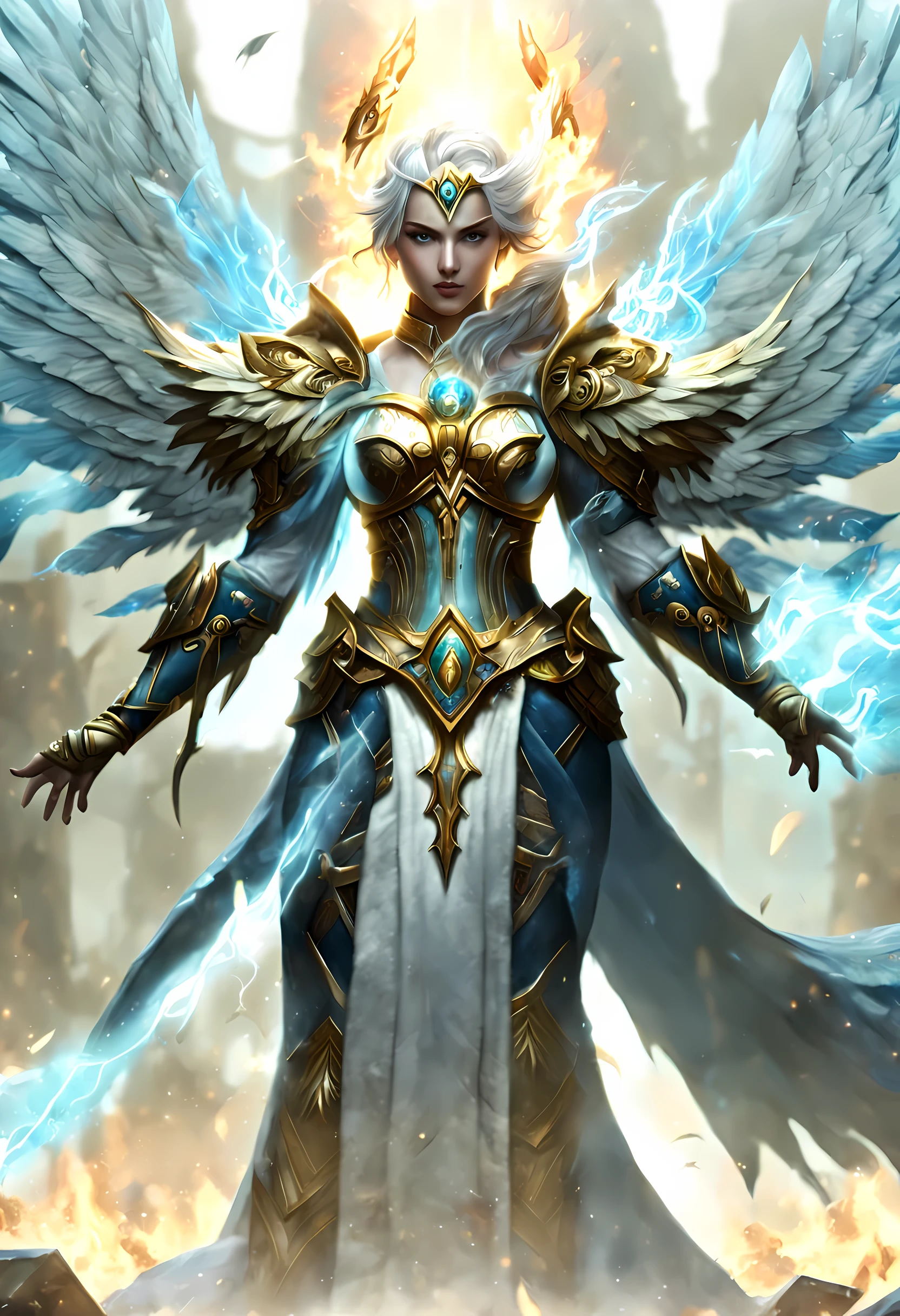 8k, ultra detailed, masterpiece, best quality, (extremely detailed), arafed, dnd art, panoramic view, full body, 1soloaasimar cleric casting a flaming spell, aasimar, female, (Masterpiece 1.3, intense details), female, cleric, holy warrior, casting radiant spell, divine spell (Masterpiece 1.3, intense details) large angelic wings, azure angelic wings spread (Masterpiece 1.3, intense details), fantasy divine background (Masterpiece 1.5, intense details), sun, clouds, wearing white armor (Masterpiece 1.5, intense details), blue cloak, flowing robe (Masterpiece 1.3, intense details), high heeled boots (Masterpiece 1.3, intense details), armed with mace GLOWING WEAPON, metallic hair, green eyes, intense eyes, feminine, ultra detailed face, (Masterpiece 1.5, best quality), anatomically correct (Masterpiece 1.3, intense details), determined face, divine light, cinematic lighting, soft light, silhouette, photorealism, panoramic view (Masterpiece 1.3, intense details) , Wide-Angle, Ultra-Wide Angle, 8k, highres, best quality, high details