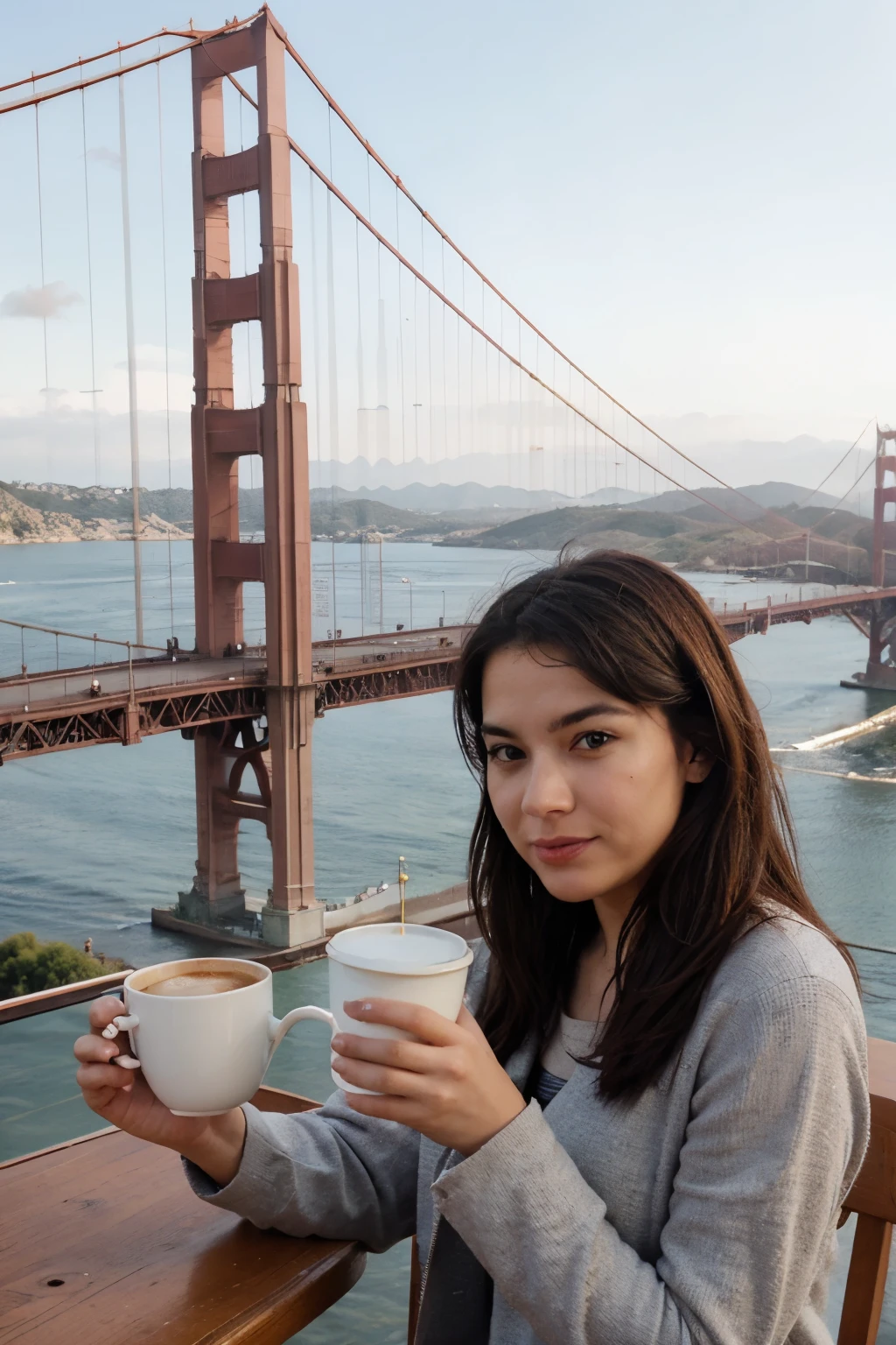 Cup of coffee, in front of the Golden Gate Bridge, estilo de desenho aquarela
