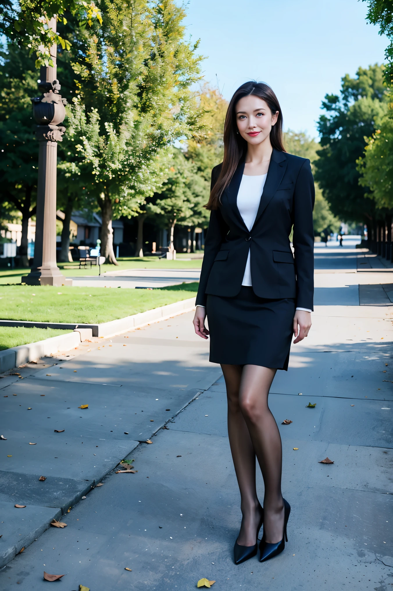 masterpiece, best quality, 1 girl, beautiful, beautiful, Beautifully, extremely complex, detailed, brown hair, jacket, blue eyes, ((masterpiece)), Very detailed, best quality, high resolution, ((in the park)), bridget, Smile,  Skin color pantyhose，Black red soled high heels，Mature，standing
