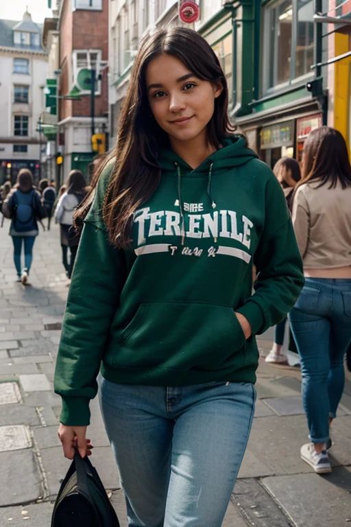female student, with long green hoodie and jeans, Temple bar street Ireland, casual photo, detailed face, half body appers, carrying books , looking at camera straight, body facing the camera. natural pose, carrying school bag, college student, crowded street, happy face