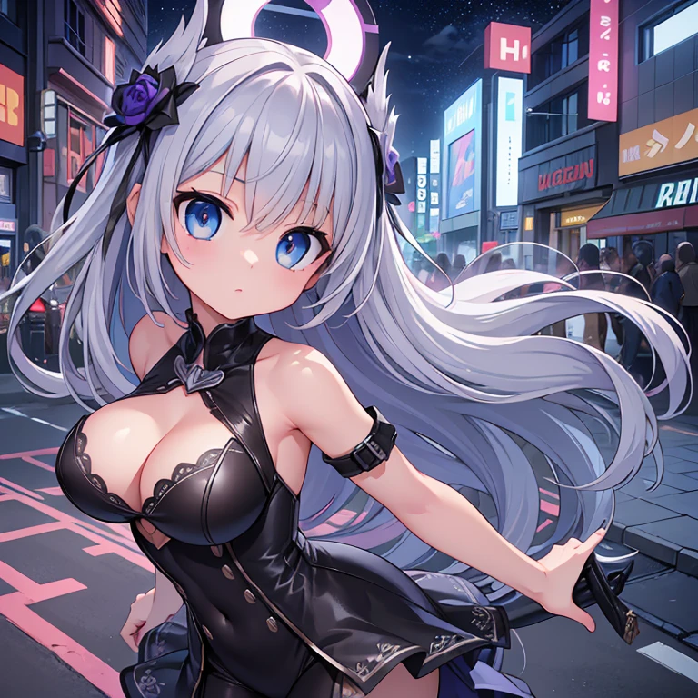 (masterpiece, highest quality, Super detailed:1.3), perfect composition, 4K, (very detailed, very detailed), soft lighting, born, HDR, 8K textures, extreme detail, High detailed skin texture, epic detail, High sharpness, 1 girl, (fine eyes:1.3), (18 year old girl:1.3), (skinny), (big breasts), small, on the road, In public, night street, night lights, neon light, anime, figure,