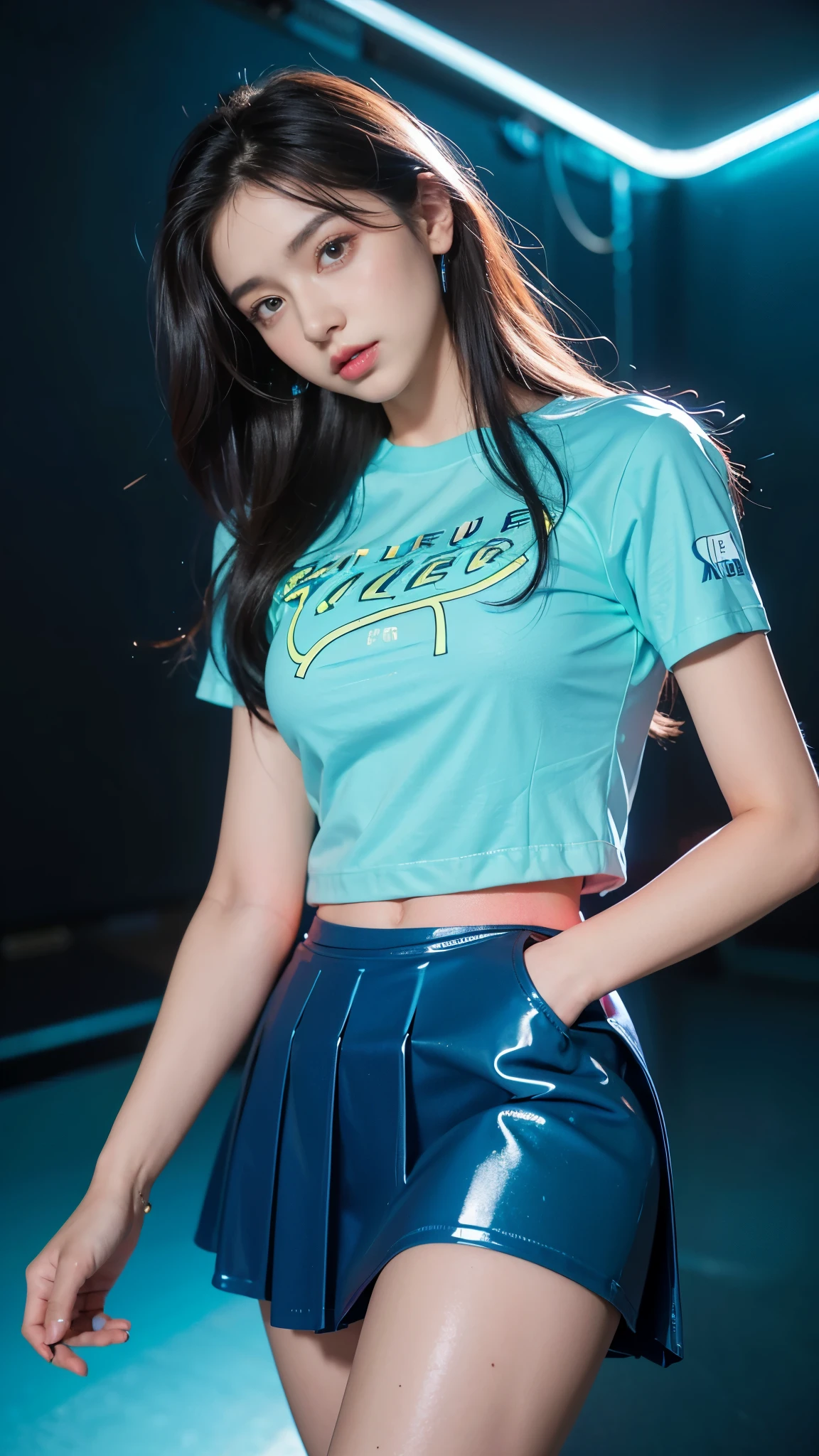 8K, ultra HD, masterpiece, 1 girl, good face, loong hair, detailed eyes, detailed lips, (perfect beautiful Curved figure), (plated t-shirt:1.5), (blue color:1.5), (plated skirt:1.5), computer graphics room, (neon lights:1.5), LED screen, ground reflection, dark room, (Unreal Engine 5), walking,