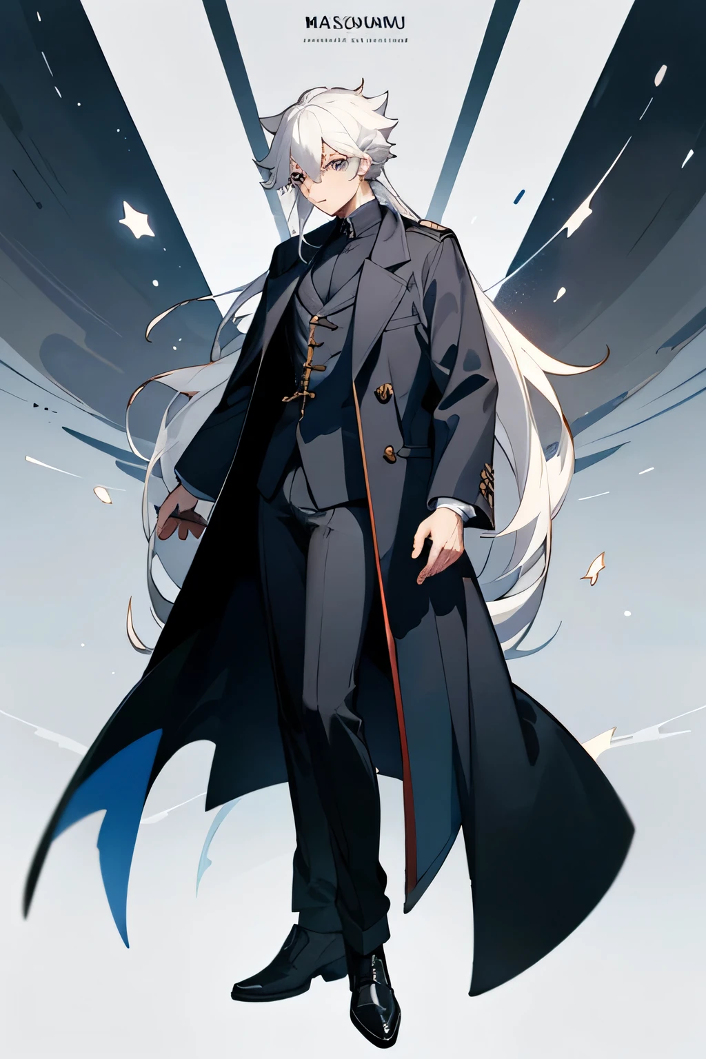 Anime character wearing black clothes, white hair and black shoes, an album cover inspired by Okumura Masanobu, Popular topics on pixiv, New row added, official character art, Single character whole body, Wearing a black noble suit, Elegant anime main visual, Official character illustrations, ( ( wearing a long coat ) ), full body single character