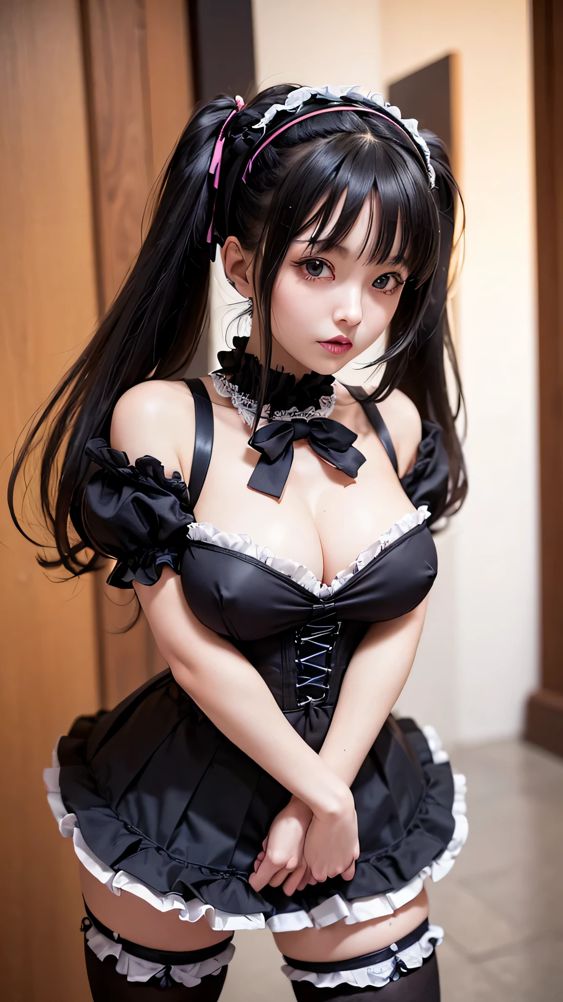 (Close-up:1.4)、(RAW shooting:1.2)、(photorealistic:1.4)、(masterpiece:1.3)、(highest quality:1.4)、solo、7 head and body、(slender and beautiful girl)、cute、(Medium chest:1.2)、(cleavage)、(erect nipples:1.2)、(full body shot)、8K、(muste piece:1.2)、(ribbon、flare skirt、knee high socks:1.3)、view audience、blush、ribbonボンデージ、(beautiful hands)、(beautiful thighs)、(twin tails:1.2)、(gothic ta:1.3)、(sexy pose:1.2)、obscene、erotic、cute系、ancient city、(perfect anatomy:1.2)、