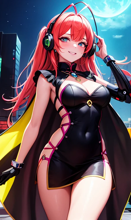 1 girl, Chinese_clothing, metallic black titanium and pink, cyberhan, cheongsam, cyberpunk city, dynamic poses, Detailed luminous headphones, Luminous hair accessories, long hair, Luminous earrings, glow necklace, cyberpunk, Hi-Tech City, full of mechanical and futuristic elements, futuristic, technology, glowing neon lights, pink, pink light, sexy skirt, translucent black cape, laser light, Digital background city sky, big moon, There is a vehicle, best quality, masterpiece, 8k, Character edge light, Ultra high detail, high quality, The most beautiful woman in mankind, Smile, Face forward and symmetrical, earring, Long antenna glows, beautiful student, Lighting effects, visual data, Silver red orange hair dye, ultra detailed facial texture, happy, Weapons systems, Crowded pedestrians on the street, Silver three-point mecha style, Head-mounted light-emitting antenna, syringes,Long white hair,f cup
