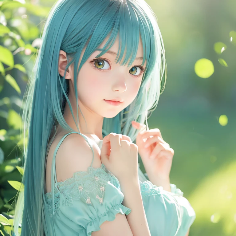 anime illustration、masterpiece、cute、1 young 3 years old、Darker hair color、Partial light blue hair、green eyes、yellow、Gentle atmosphere、Warm atmosphere、hyouka
