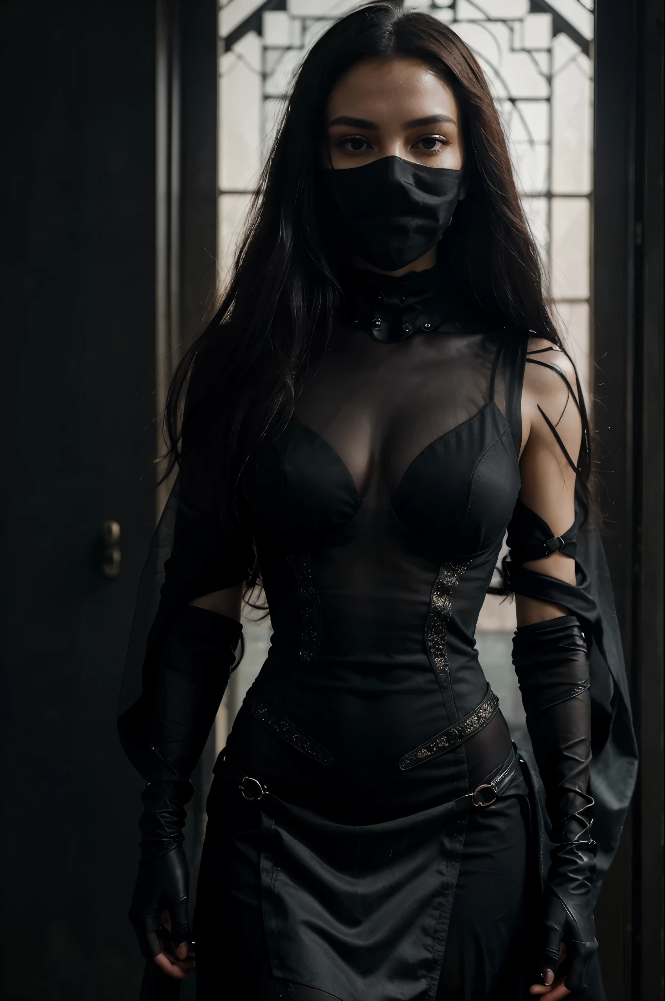 Create a Nicola Samorì-inspired digital art piece depicting a beautiful woman in a futuristic setting,now further obscured by a flowing cloth covering her face. This artwork should highlight the enigmatic interplay of light and shadow, a signature element of Samorì's style, against a backdrop of dense, pitch-black mist, adding depth and foreboding to the scene. Her attire, inspired by Boris Bidjan Saberi and blending art nouveau fashion with intricate details like mesh wire, embroidered patterns, and a pearl earring, contributes to her haunting elegance. The scene captures a stark contrast between the subtle, soft rim lighting and the surrounding darkness, emphasizing the woman's striking yet concealed appearance. The overall mood is one of mysterious beauty, with an intense focus on the detailed metallic bones and semi-human aspects of the cyborg, all rendered in hyper-realistic detail with octane render and 8k post-production quality