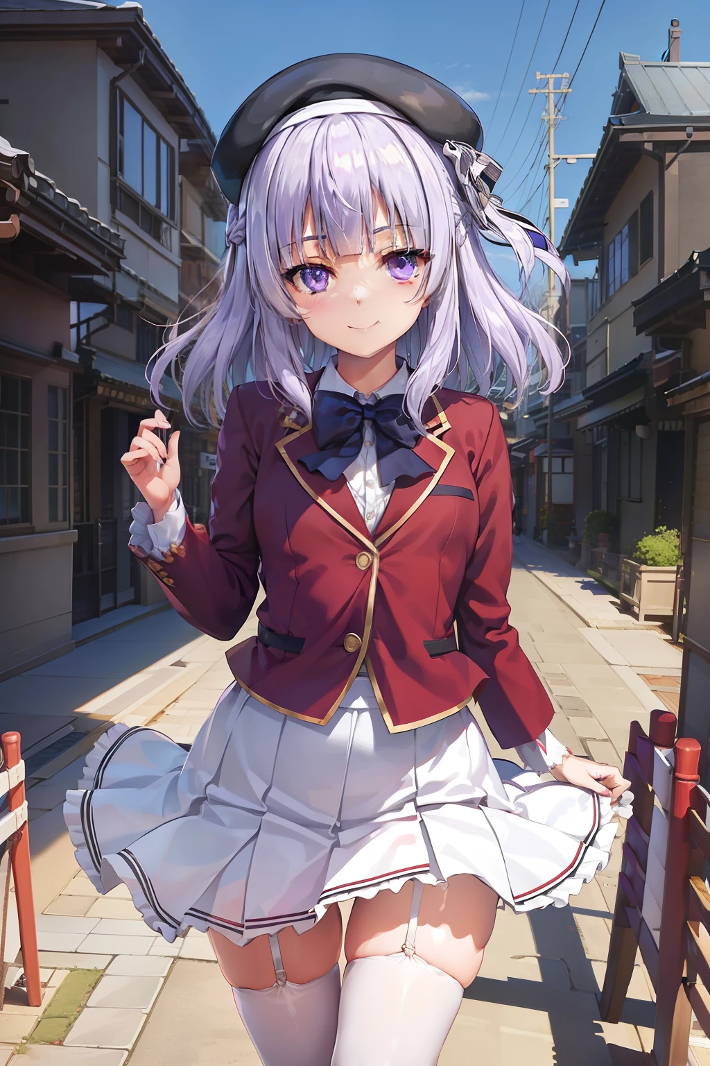 BREAK (masutepiece:1.2), Best Quality, High resolution, Unity 8k壁纸, (Beautiful detailed eyes:1.6), extra detailed face, Perfect Lighting, extremely details CG,女の子1人、独奏、Arisu、(Viewer's Perspective、cowboy  shot:1)、(Light purple hair、White hair、Medium Hair) 、Arisu has、beret、Black beret、Black hat:1.2)、(Purple eyes、shining purple eyes:1.3)、(Arisu School、student clothes、Red Blazer、a red jacket、robe blanche 、(White skirt)、pleatedskirt、Blue bow tie、White Niso、garter strap、Absolute area:1.4)、Naughty big、large full breasts、(Perfect hands, Perfect Anatomy),Look at viewers、a smile、is standing、outside of house、plein air、