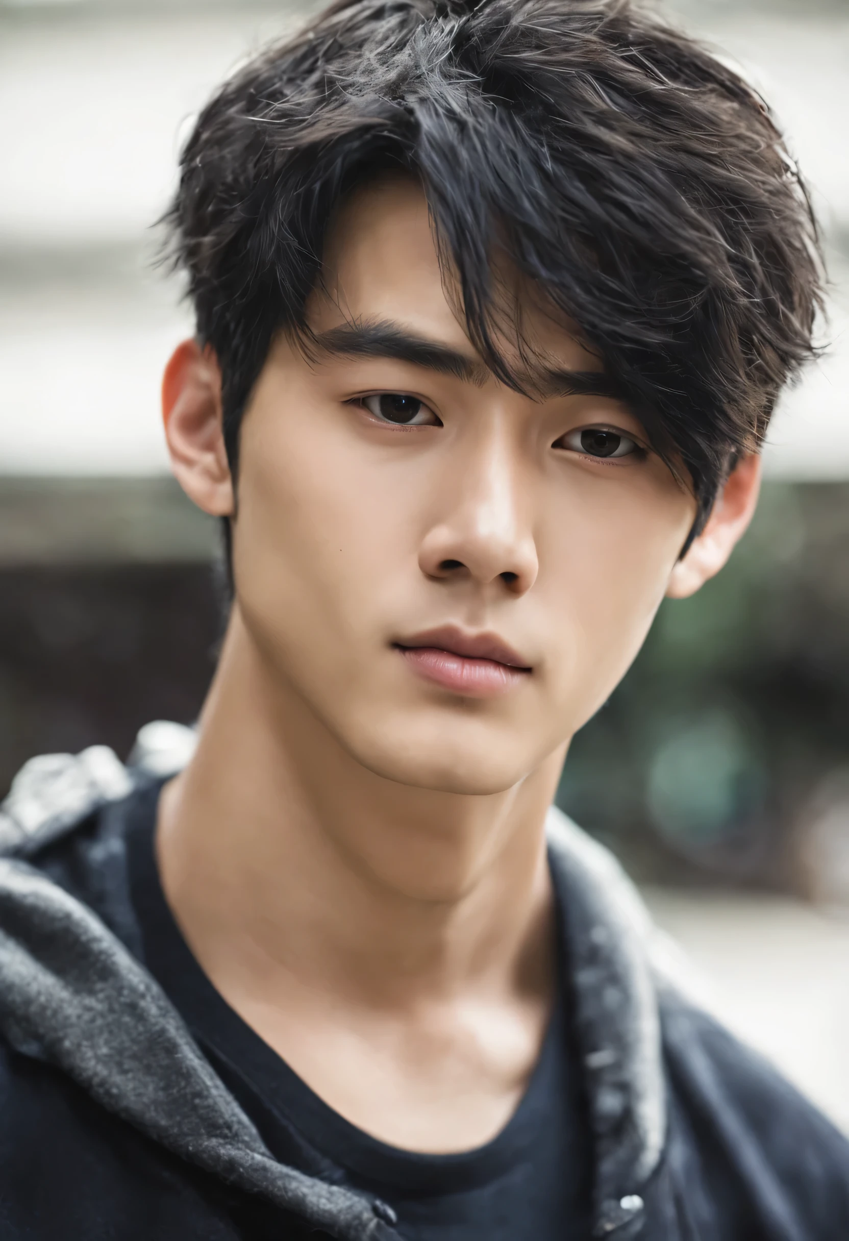 Cute Asian male model, ( (close up) ), fair skin, medium hair straight black, heterochromatic eyes, (skin texture), skin pores, shallow depth of field, sharp eye focus, backlit, tapered nose, 18 years old, (realistic)
