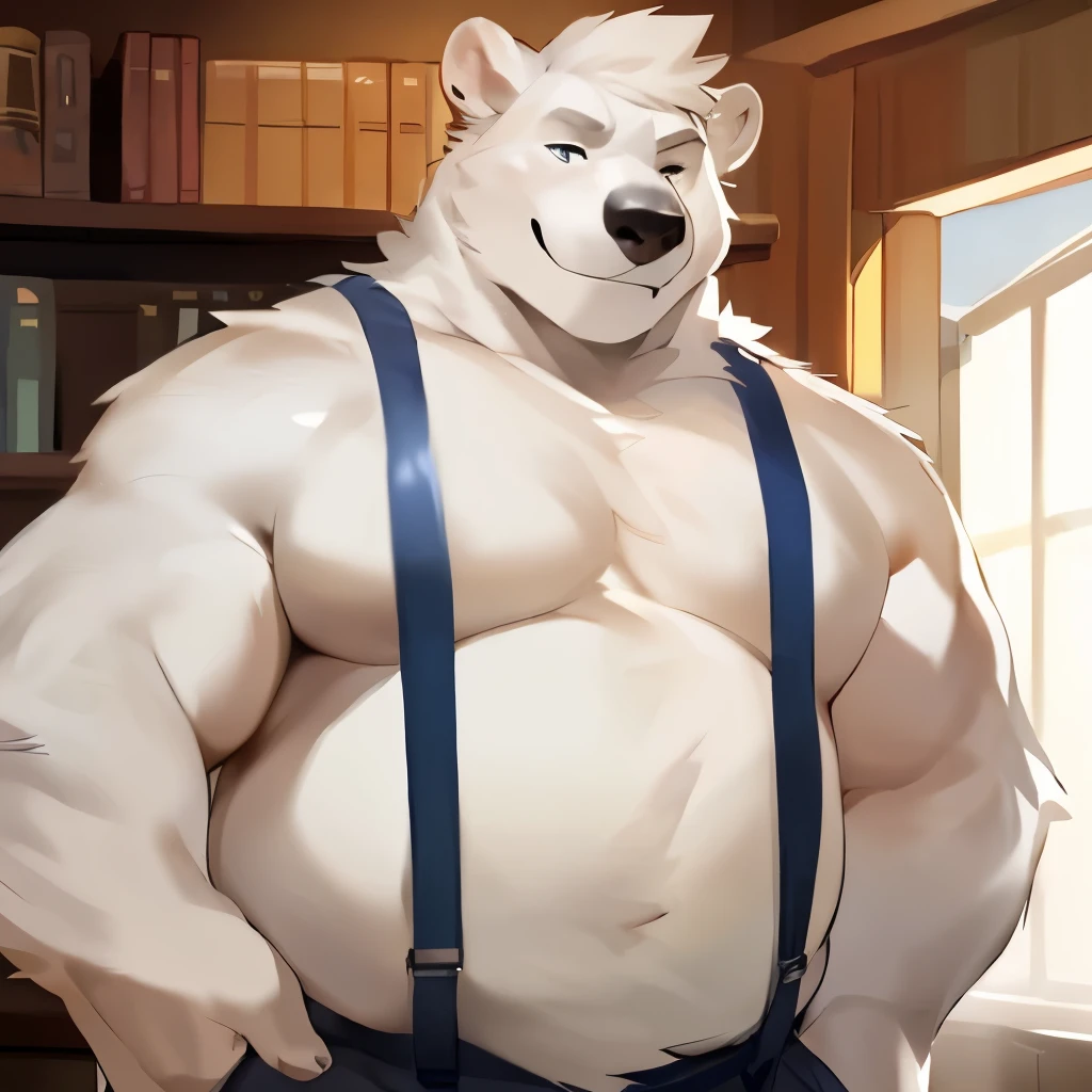 Solo, Male, polar bear, (short hair, snout), messy fur, messy hair, fat, big fat, musclechub, horny, aroused, smirking, notched ear, by Bebebebebe, by Spikes, By Darkgem, by Mystic Fox 61, by Chunie, standing, suspenders, looking at viewer