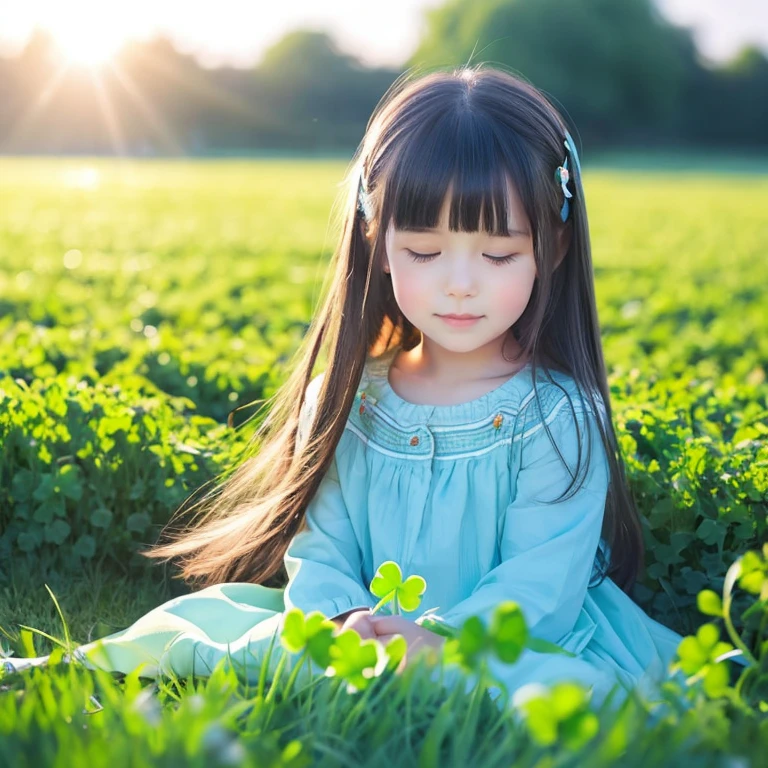 anime illustration、masterpiece、cute、****ung  ***********、Darker hair color、blue sky、Yellow light、Green clover、Gentle atmosphere、Warm atmosphere、