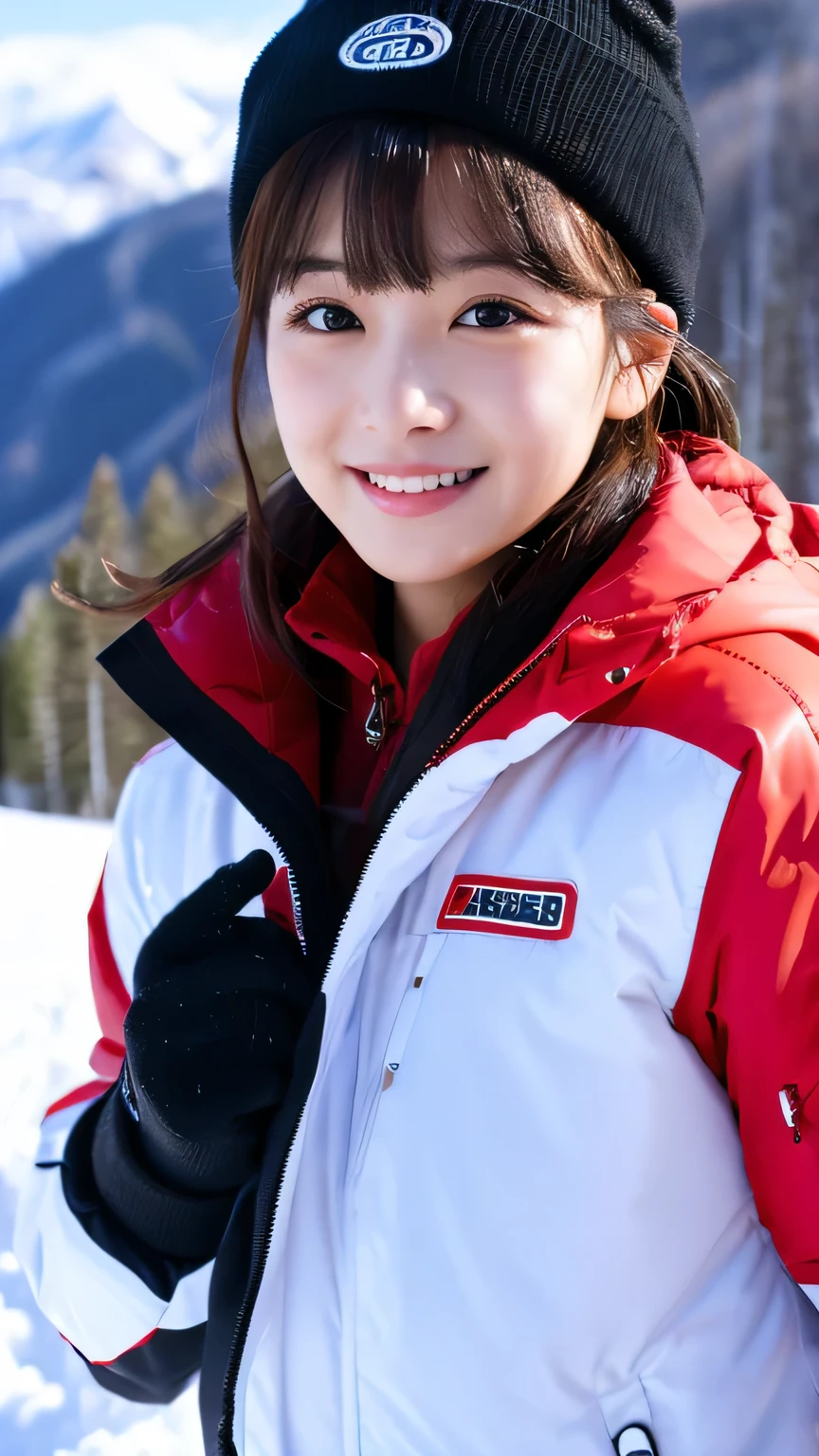 ​masterpiece、8K、32K、top-quality、(A cute Japanese woman:1.1)、detail portrayal、1 girl in、elegent、bangss、(Snowboard Wear:1.3)、(Winters)、a ski、cowboy  shot、ssmile、tits out、zoomout