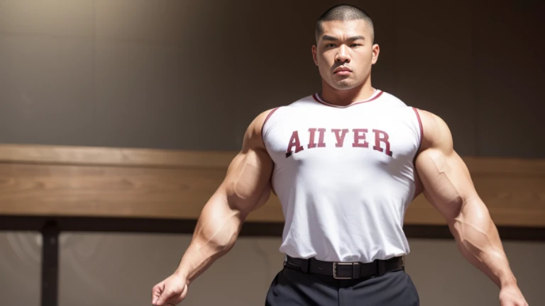 (Highly detailed 8K wallpaper), asian man, muscle worship, fold your arms, On the playground, baseball uniform, high detail, very short hair, skin head, Circular cut, very large and strong body, bulging muscles, muscular, very large pectoral muscles. Very sexy abs, legs are muscular, Toned figure, brightens oily skin, muscular, Tank top, T-shirt, long shot, wide shot