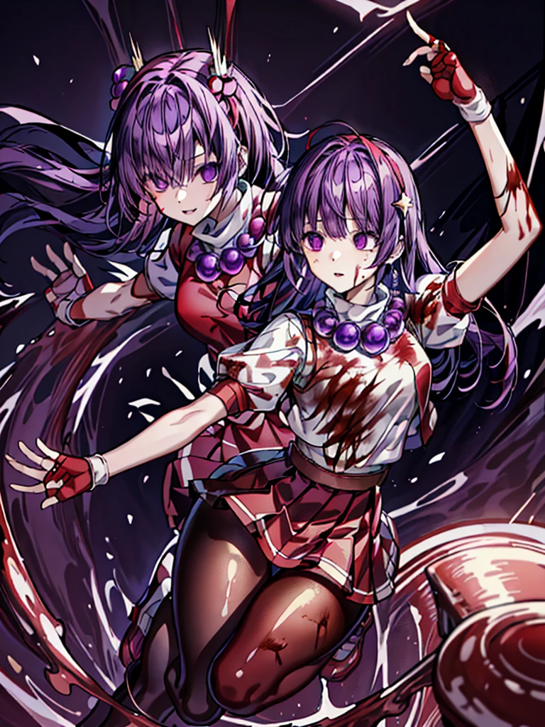 (masterpiece)、(highest quality)、(super detailed)、intricate details、athena 97、(1 girl)、solo、purple eyes、purple hair、hair length、white earrings、red hair band、star hair ornament、Medium breathing、red vest、white turtleneck、White Puff Sleeves、short sleeve、red pleated skirt、(Crimson pantyhose:1.2)、black pantyhose、yellow belt、purple spherical necklace、red fingerless gloves、white short socks、red shoes、evil smile、NSFW、In the ruins、anime style、(Blood on the face:1.6)、(combat readiness:1.6)、hypnorolla、
empty eyes、full body,