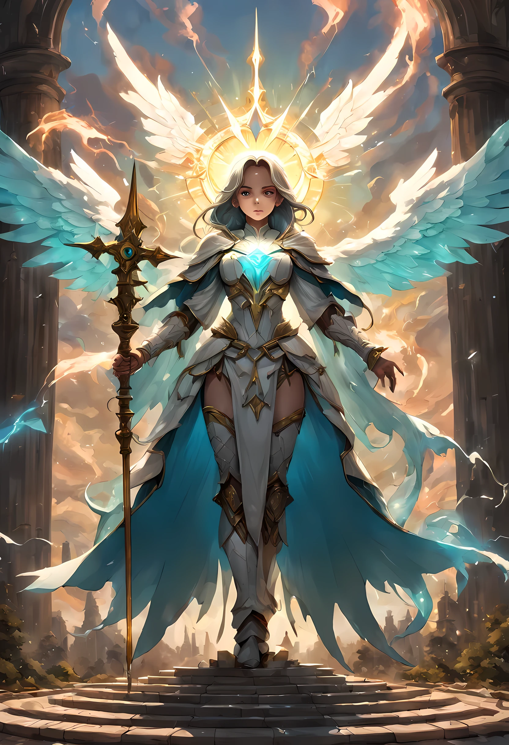 8k, ultra detailed, masterpiece, best quality, (extremely detailed), arafed, dnd art, panoramic view, full body, 1soloaasimar cleric casting a flaming spell,  aasimar, female, (Masterpiece 1.3, intense details), female, cleric, holy warrior, casting radiant spell, divine spell (Masterpiece 1.3, intense details) large angelic wings, azure angelic wings spread (Masterpiece 1.3, intense details), fantasy divine background (Masterpiece 1.5, intense details), sun, clouds, wearing white armor  (Masterpiece 1.5, intense details), blue cloak, flowing robe (Masterpiece 1.3, intense details), high heeled boots (Masterpiece 1.3, intense details), armed with mace GLOWING WEAPON, metallic hair, green eyes, intense eyes, feminine, ultra detailed face, (Masterpiece 1.5, best quality), anatomically correct (Masterpiece 1.3, intense details), determined face, divine light, cinematic lighting, soft light, silhouette, photorealism, panoramic view (Masterpiece 1.3, intense details) , Wide-Angle, Ultra-Wide Angle, 8k, highres, best quality, high details