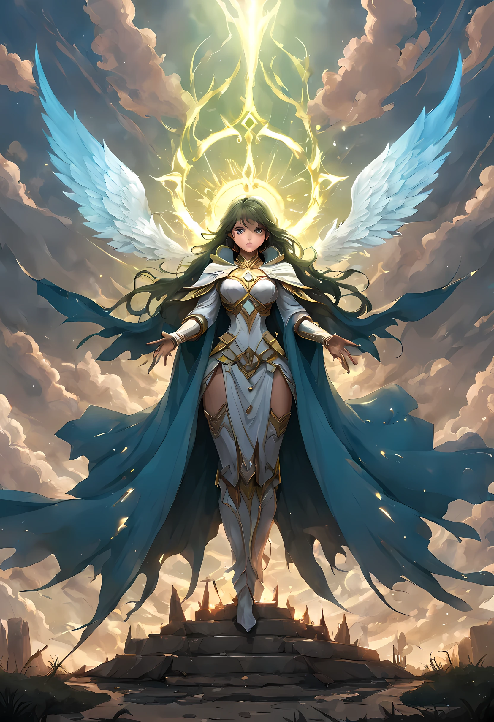 8k, ultra detailed, masterpiece, best quality, (extremely detailed), arafed, dnd art, panoramic view, full body, 1soloaasimar cleric casting a flaming spell,  aasimar, female, (Masterpiece 1.3, intense details), female, cleric, holy warrior, casting radiant spell, divine spell (Masterpiece 1.3, intense details) large angelic wings, azure angelic wings spread (Masterpiece 1.3, intense details), fantasy divine background (Masterpiece 1.5, intense details), sun, clouds, wearing white armor  (Masterpiece 1.5, intense details), blue cloak, flowing robe (Masterpiece 1.3, intense details), high heeled boots (Masterpiece 1.3, intense details), armed with mace GLOWING WEAPON, metallic hair, green eyes, intense eyes, feminine, ultra detailed face, (Masterpiece 1.5, best quality), anatomically correct (Masterpiece 1.3, intense details), determined face, divine light, cinematic lighting, soft light, silhouette, photorealism, panoramic view (Masterpiece 1.3, intense details) , Wide-Angle, Ultra-Wide Angle, 8k, highres, best quality, high details