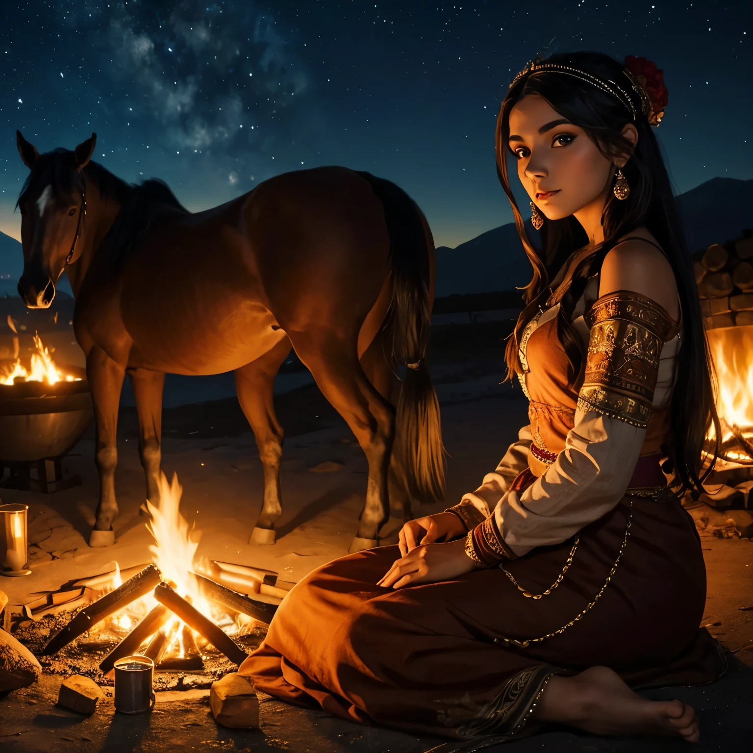 A young gypsy woman sits by the fire at night against the backdrop of a herd of horses.