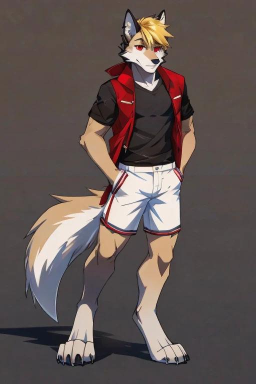 anthropomorphic, male, red eyes, blond hair, wolf, hellhound, (((1boys))), (((black shirt))), (white shorts), (red jacket), handsome, grey skin, long digitigrade legs, smiling