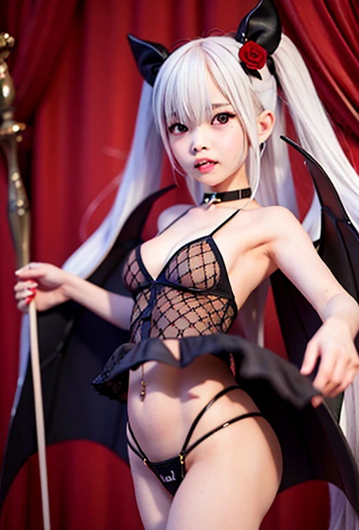 resolution、High level image quality、8K、real live action、Raw photo、highest quality、masterpiece、16 year old vampire girl、ballerina、unparalleled beauty、devil's black horns on head、young face、(((beautiful girl)))、Dancing on stage、long pointed ears、wear bat wings、grow a devil's tail、Grow fangs、