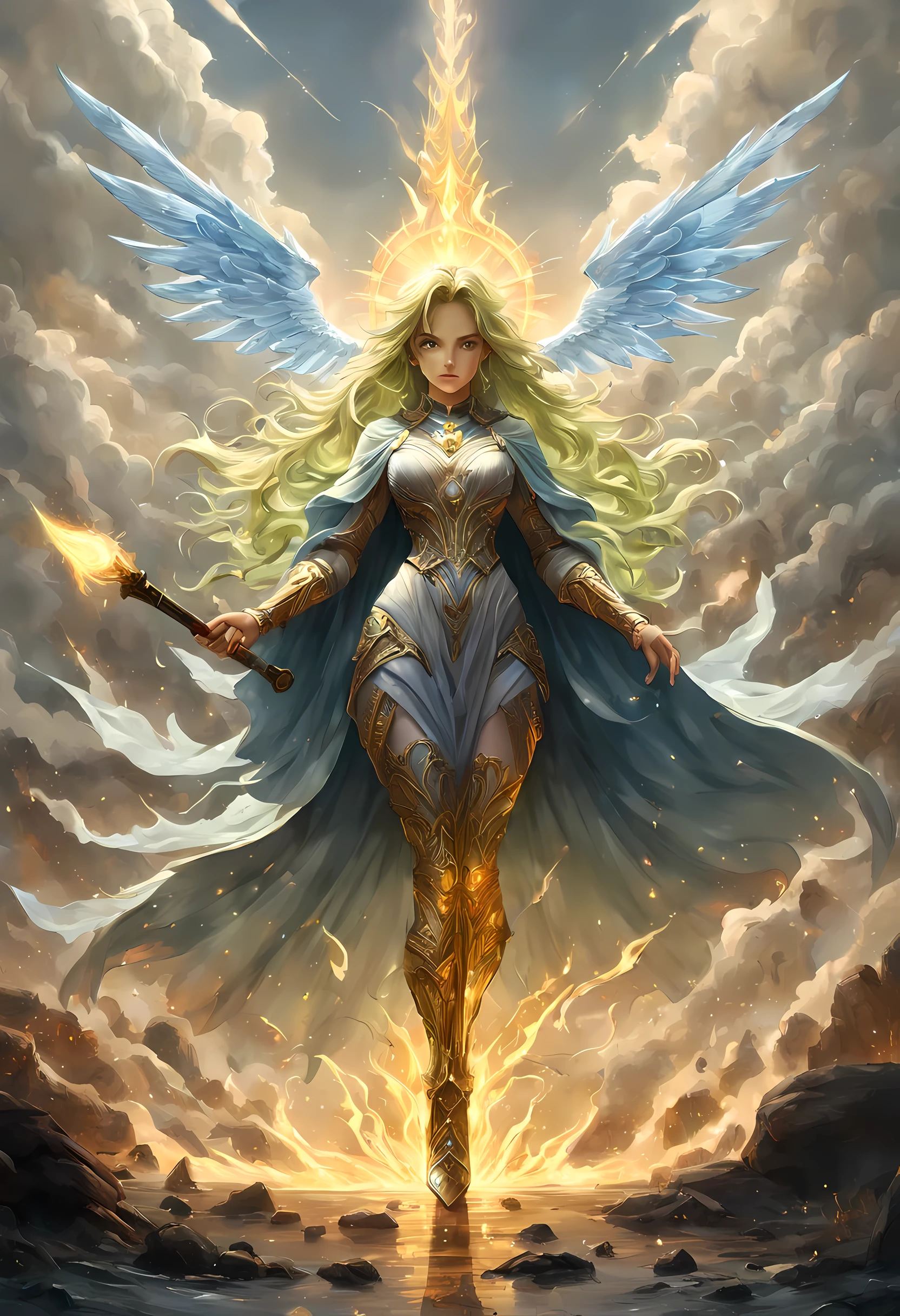 8k, ultra detailed, masterpiece, best quality, (extremely detailed), arafed, dnd art, panoramic view, full body, 1soloaasimar cleric casting a flaming spell,  aasimar, female, (Masterpiece 1.3, intense details), female, cleric, holy warrior, casting radiant spell, divine spell (Masterpiece 1.3, intense details) large angelic wings, azure angelic wings spread (Masterpiece 1.3, intense details), fantasy divinel background (Masterpiece 1.5, intense details), sun, clouds, wearing white armor  (Masterpiece 1.5, intense details), blue cloak, flowing robe (Masterpiece 1.3, intense details), high heeled boots (Masterpiece 1.3, intense details), armed with mace GlowingRunesAI_yellow, metalic hair, green eyes, intense eyes, feminine, ultra detailed face, (Masterpiece 1.5, best quality), anatomically correct (Masterpiece 1.3, intense details), determined face, faize, divine light, cinematic lighting, soft light, silhouette, photorealism, panoramic view (Masterpiece 1.3, intense details) , Wide-Angle, Ultra-Wide Angle, 8k, highres, best quality, high details