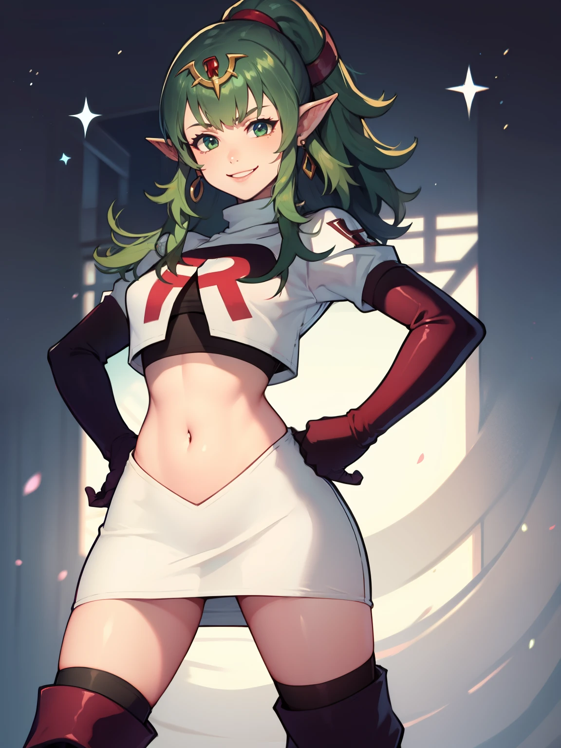 tiki fe, pointy ears ,earrings, glossy lips ,team rocket uniform, red letter R, white skirt,white crop top,black thigh-high boots, black elbow gloves, evil smile, hands on hips 