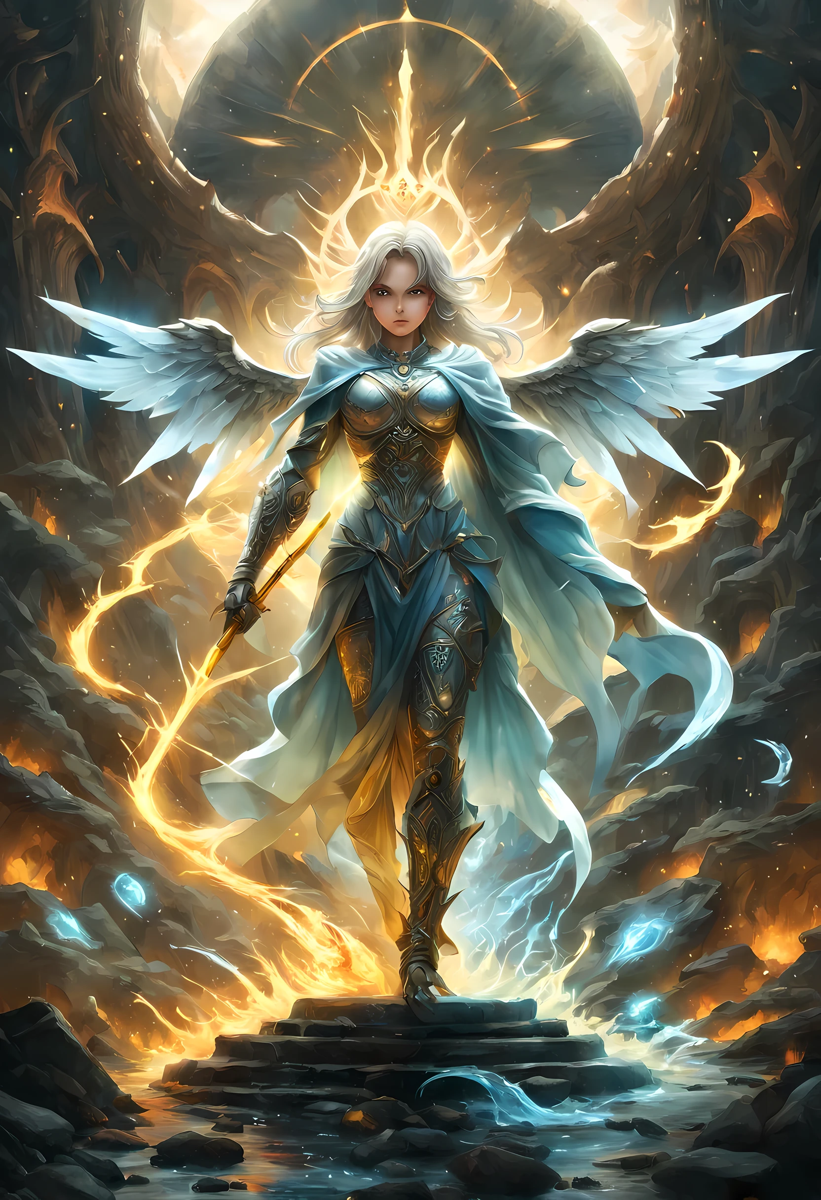 8k, ultra detailed, masterpiece, best quality, (extremely detailed), arafed, dnd art, panoramic view, full body, 1soloaasimar cleric casting a flaming spell,  aasimar, female, (Masterpiece 1.3, intense details), female, cleric, holy warrior, casting radiant spell, divine spell (Masterpiece 1.3, intense details) large angelic wings, azure angelic wings spread (Masterpiece 1.3, intense details), fantasy divinel background (Masterpiece 1.5, intense details), sun, clouds, wearing white armor  (Masterpiece 1.5, intense details), blue cloak, flowing robe (Masterpiece 1.3, intense details), high heeled boots (Masterpiece 1.3, intense details), armed with mace GlowingRunesAI_yellow, metalic hair, green eyes, intense eyes, feminine, ultra detailed face, (Masterpiece 1.5, best quality), anatomically correct (Masterpiece 1.3, intense details), determined face, faize, divine light, cinematic lighting, soft light, silhouette, photorealism, panoramic view (Masterpiece 1.3, intense details) , Wide-Angle, Ultra-Wide Angle, 8k, highres, best quality, high details